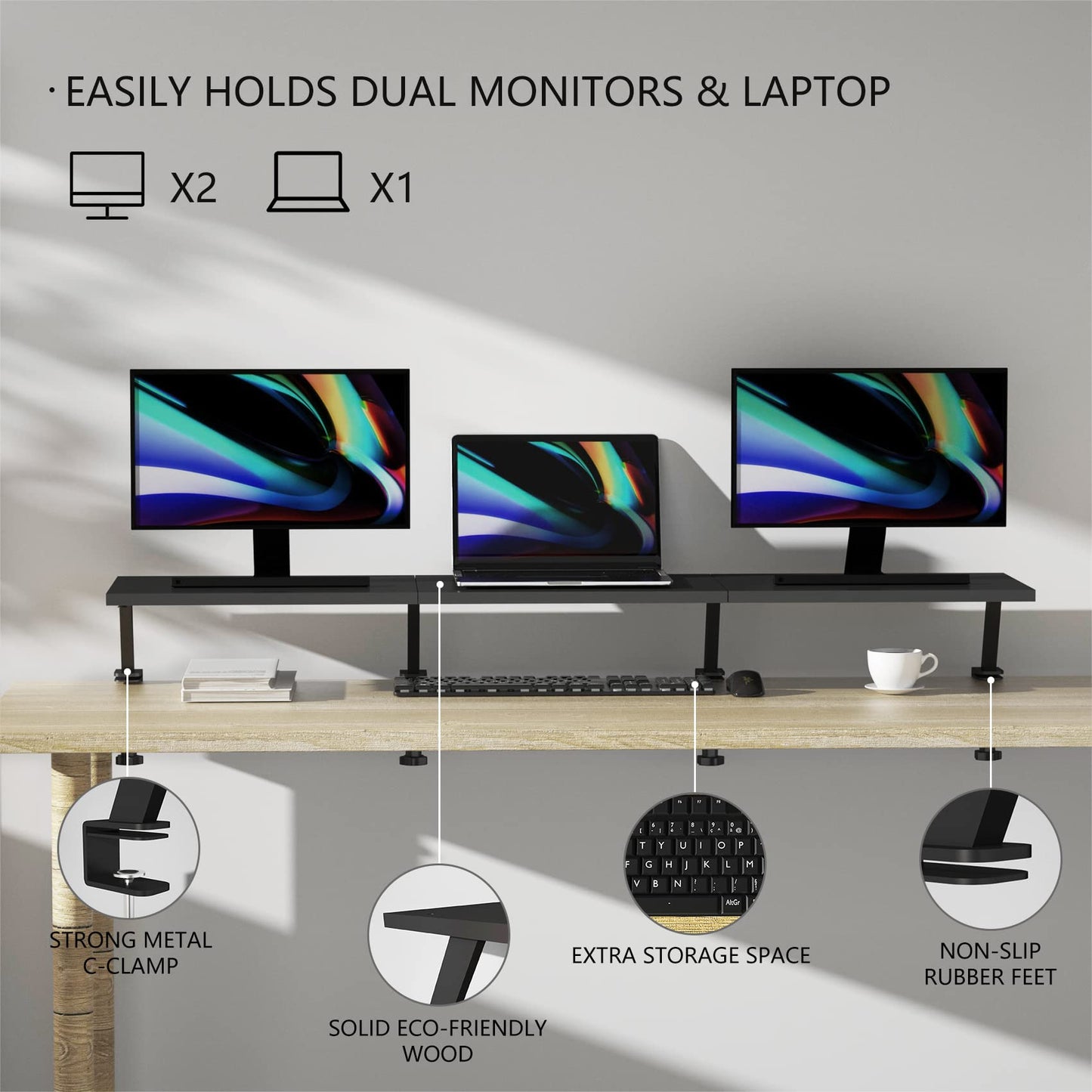 Gaxomo Extra-Large 45-Inch Wood Clamp On Desk Monitor Shelf with Spacious Storage Space - Fits 60-inch or Dual 32-inch Screens, C-Clamp Design
