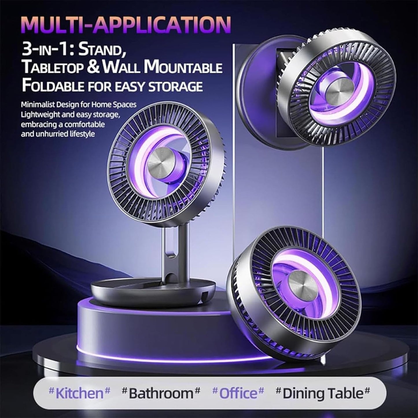 Lunkun 3-in-1 USB Desk Fan with Colorful LED Light, 2026 New Foldable Multi-Angle Quiet Mini Fan, 5-Speed Adjustment Portable Table Fans, Magnetic