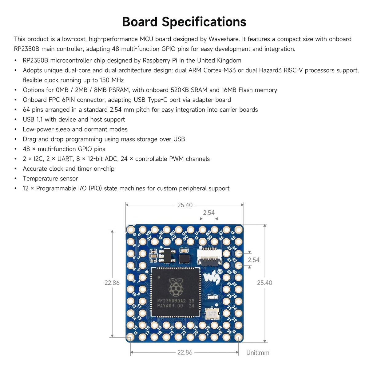 Waveshare Core2350B Core Board, Based On Raspberry Pi RP2350B Dual-core & Dual-Architecture Microcontroller, Operating Frequency Up to 150MHz, 2MB