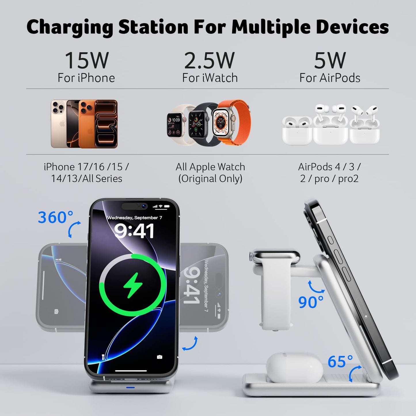Acer 3 in 1 Charging Station for iPhone, Wireless Charger Stand,15W Fast MagSafe Charger for iPhone 17 16 15 14 13 12 Series-Apple Watch 11 10 9 8 7 6