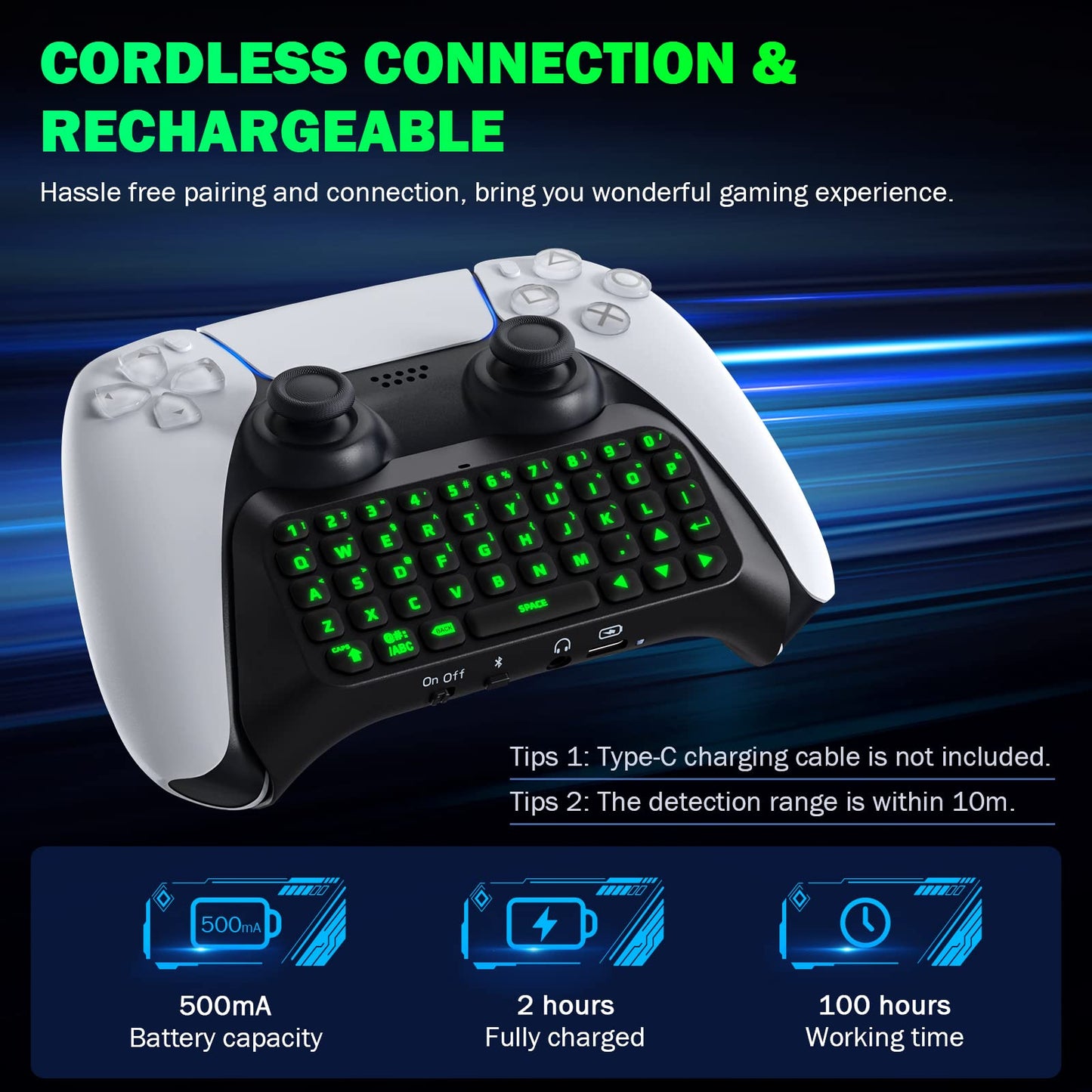MoKo Keyboard for PS5 Controller with Green Backlight, Bluetooth Wireless Mini Keypad Chatpad for PlayStation 5, Built-in Speaker & 3.5mm Audio Jack