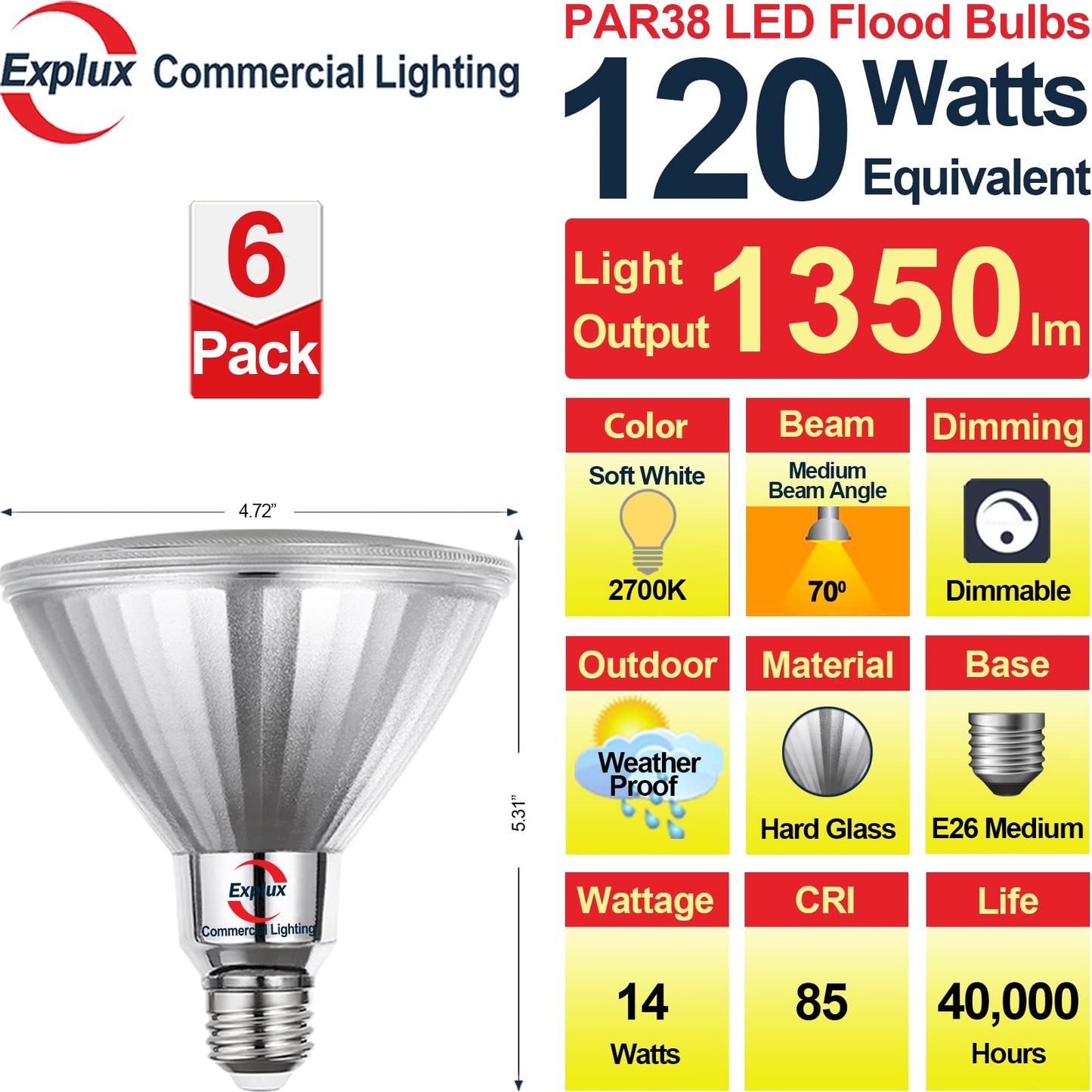 Explux Full Glass LED PAR38 Bulb, 120W Equivalent, Soft White 2700K, 6-Pack