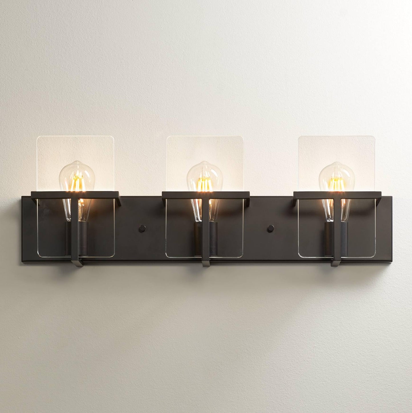 Possini Euro Design Trezza Modern Industrial Wall Mount Light Matte Black Hardwired 24" 3-Light Fixture Clear Glass Flat Panels for Bathroom Vanity