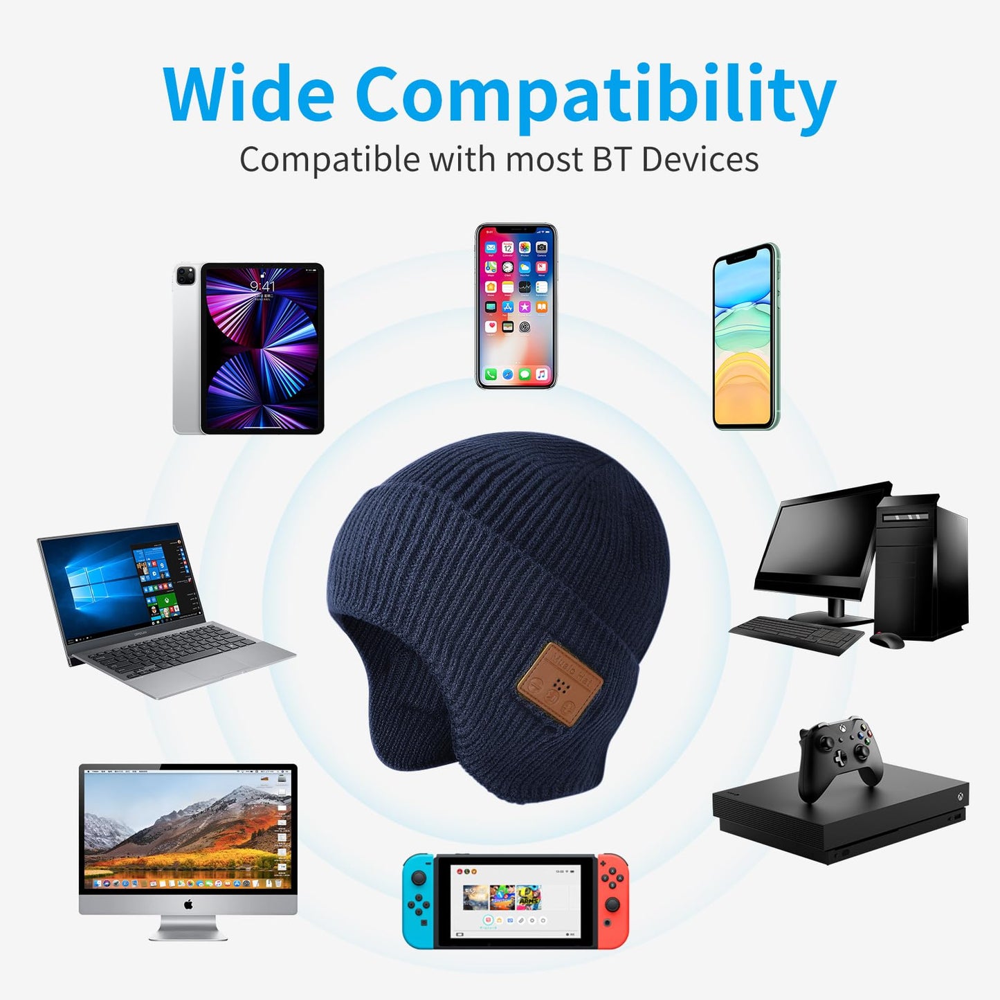 Bluetooth Beanie Hat with Headphones, Wireless Winter Hat Built-in Microphone and Stereo Speakers (Navy Blue)