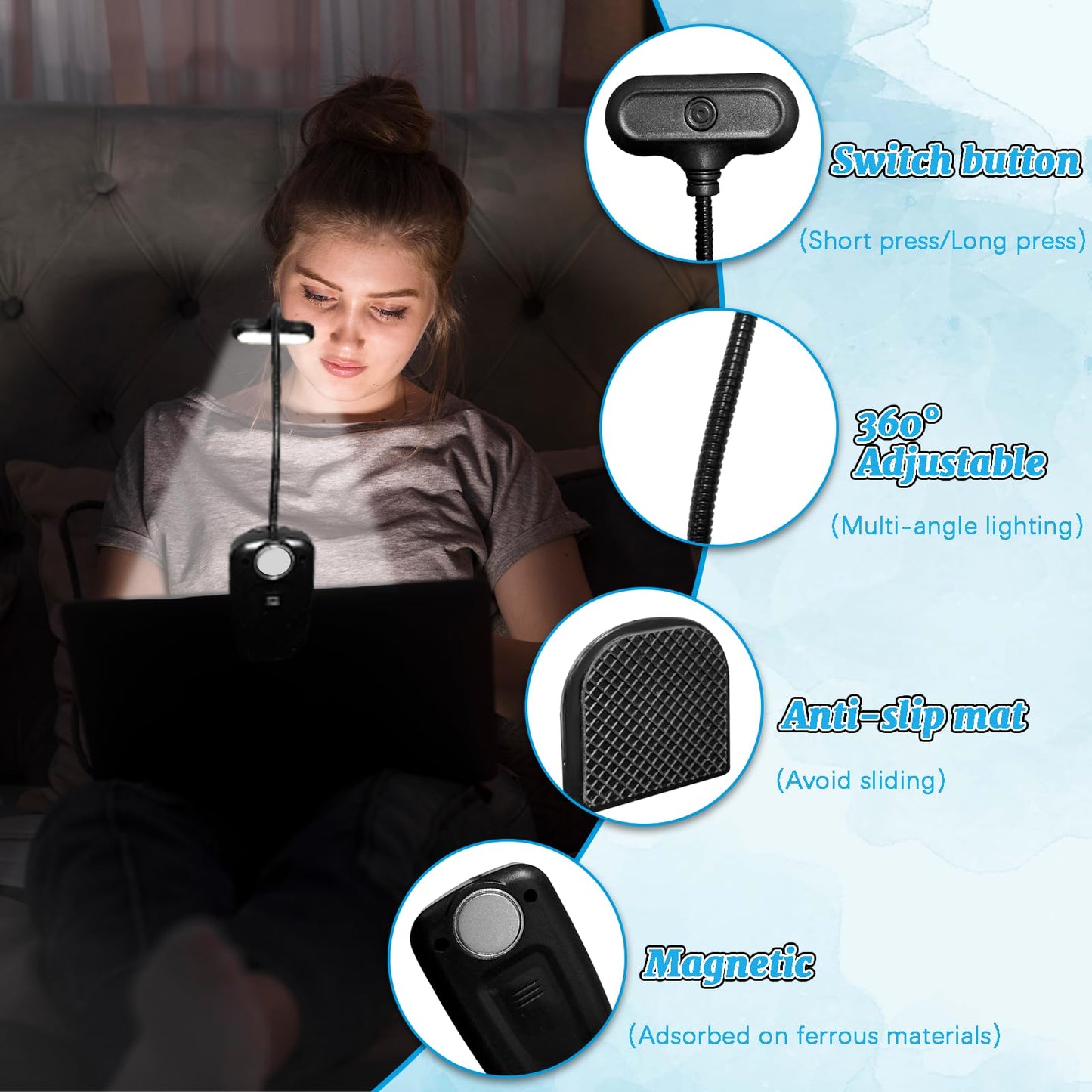 Rechargeable Book Light, Reading Lights for Books in Bed with 3 Color Temperatures & Stepless Dimming Brightness, 360°rotatable clip-on reading light