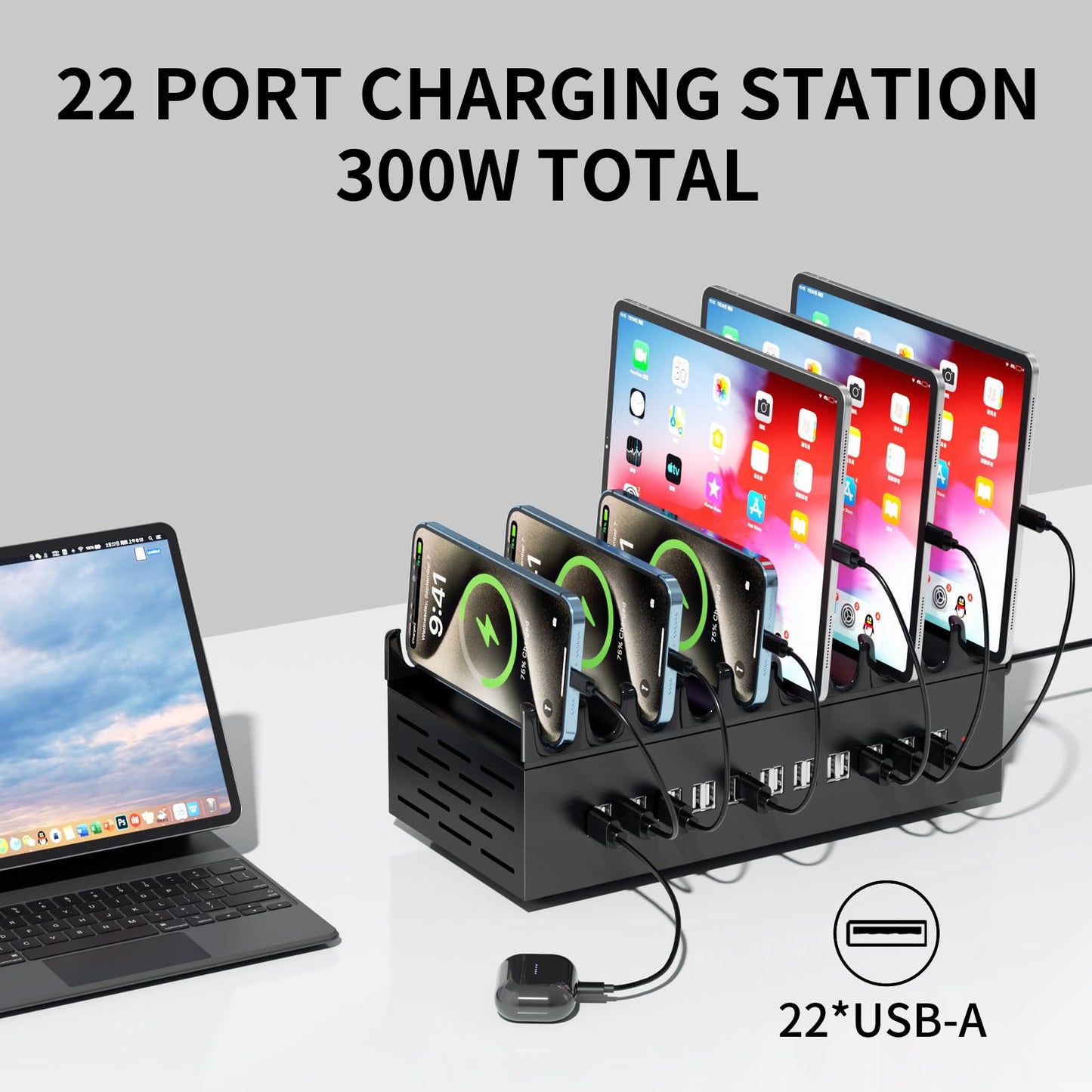 300W USB Charging Station, 22-Port Desktop Fast Charger Station for Multiple Devices, Organizer Charging Dock with Intelligent Protection for iPhone
