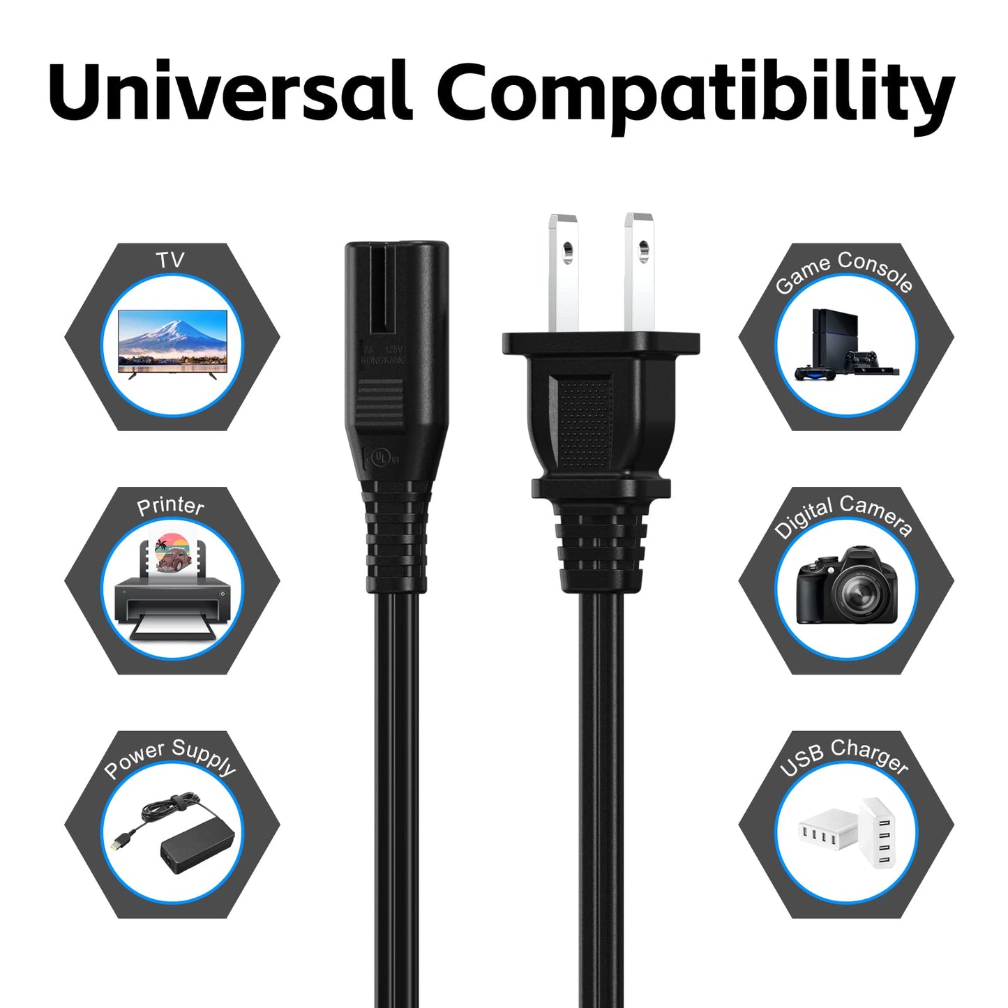 AC Power Cord 6FT (1 Pack), 2 Prong TV Power Cord, Power Supply Cable Replacement for Xbox One, Xbox Series X, PS3, PS4, PS5, Compatible for Printer
