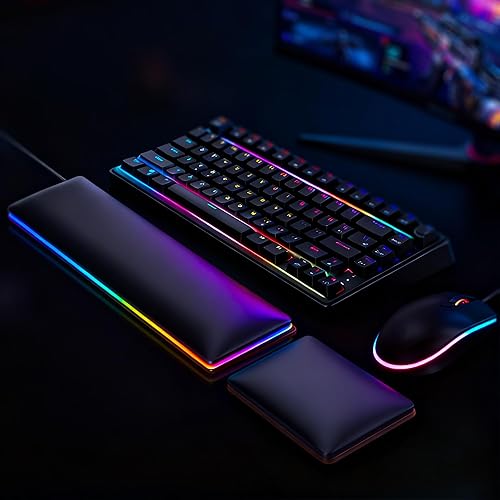 ASFSKY RGB Keyboard and Mouse Wrist Rest Set for 60%-75% Compact Keyboards - Ergonomic Wooden Support Pad with PU Leather & Memory Foam, Anti-Slip