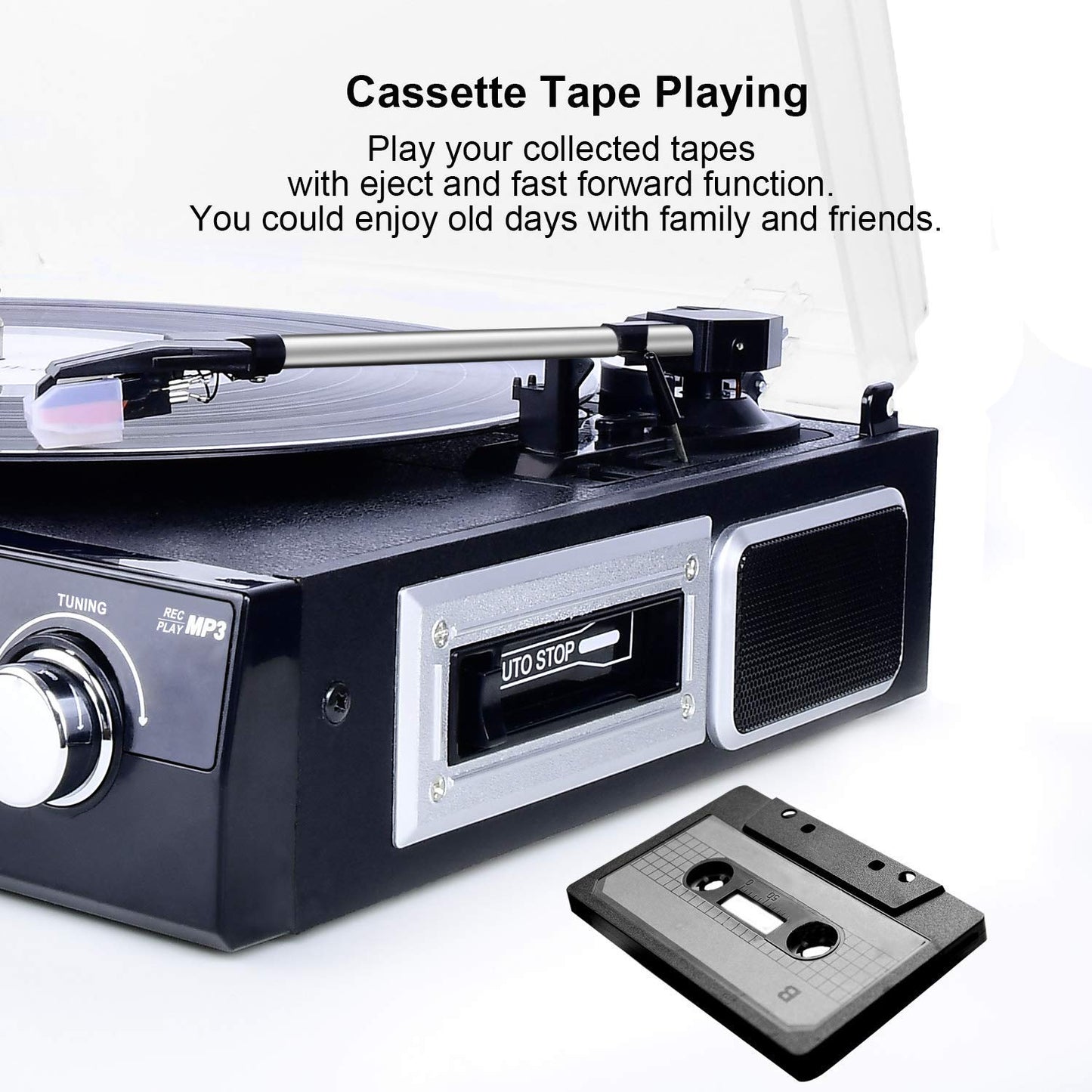 DIGITNOW Bluetooth Record Player with Stereo Speakers, Turntable for Vinyl to MP3 with Cassette Play, AM/FM Radio, Remote Control, USB/SD Encoding