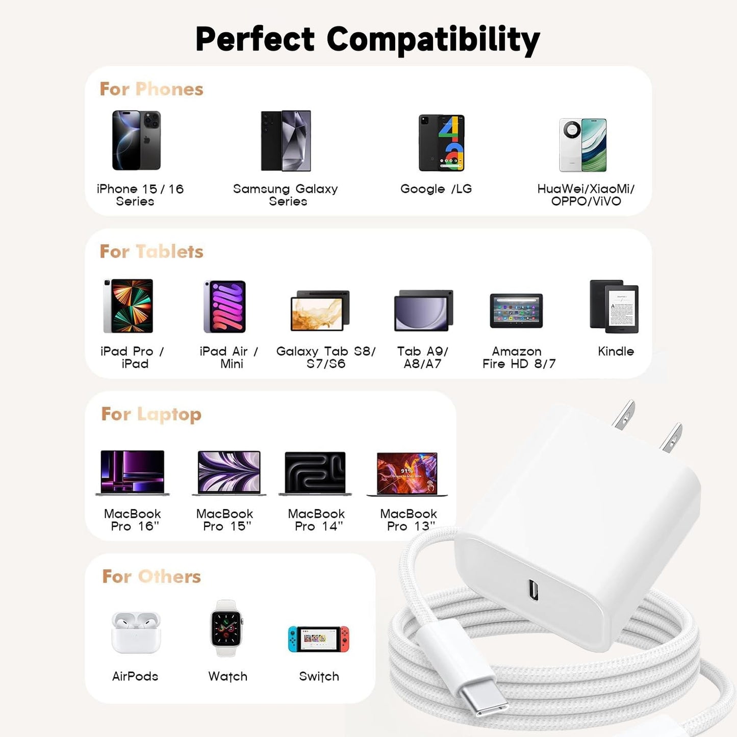 6FT 20W USB type C Charger Fast Charging for iPhone 16e 16 15,iPad 11 A16 2025 Air Pro 13/12.9,10th, 5/4, AirPods 4 4th ,AirPods Pro 2nd Gen, AirPods