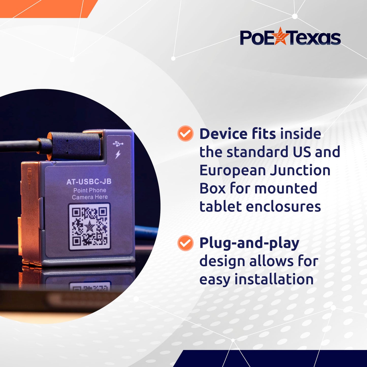 PoE Texas PoE+ Power and Data Adapter for USB-C Tablets & Devices for POS, Digital Signage, & More - 802.3at POE+ to USB-C Power Delivery - Extends