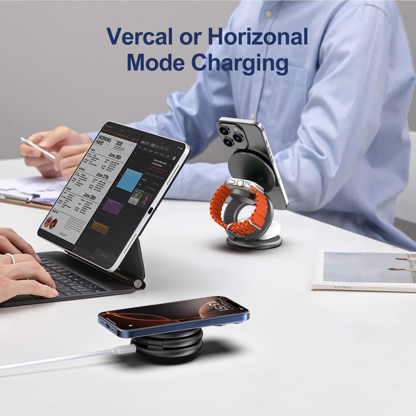 KU XIU X63 3 in 1 Charging Station for Apple, Aluminum Alloy Foldable Magnetic Wireless Charger, Travel Charger for iPhone 17/16/15/14/13/12 Series