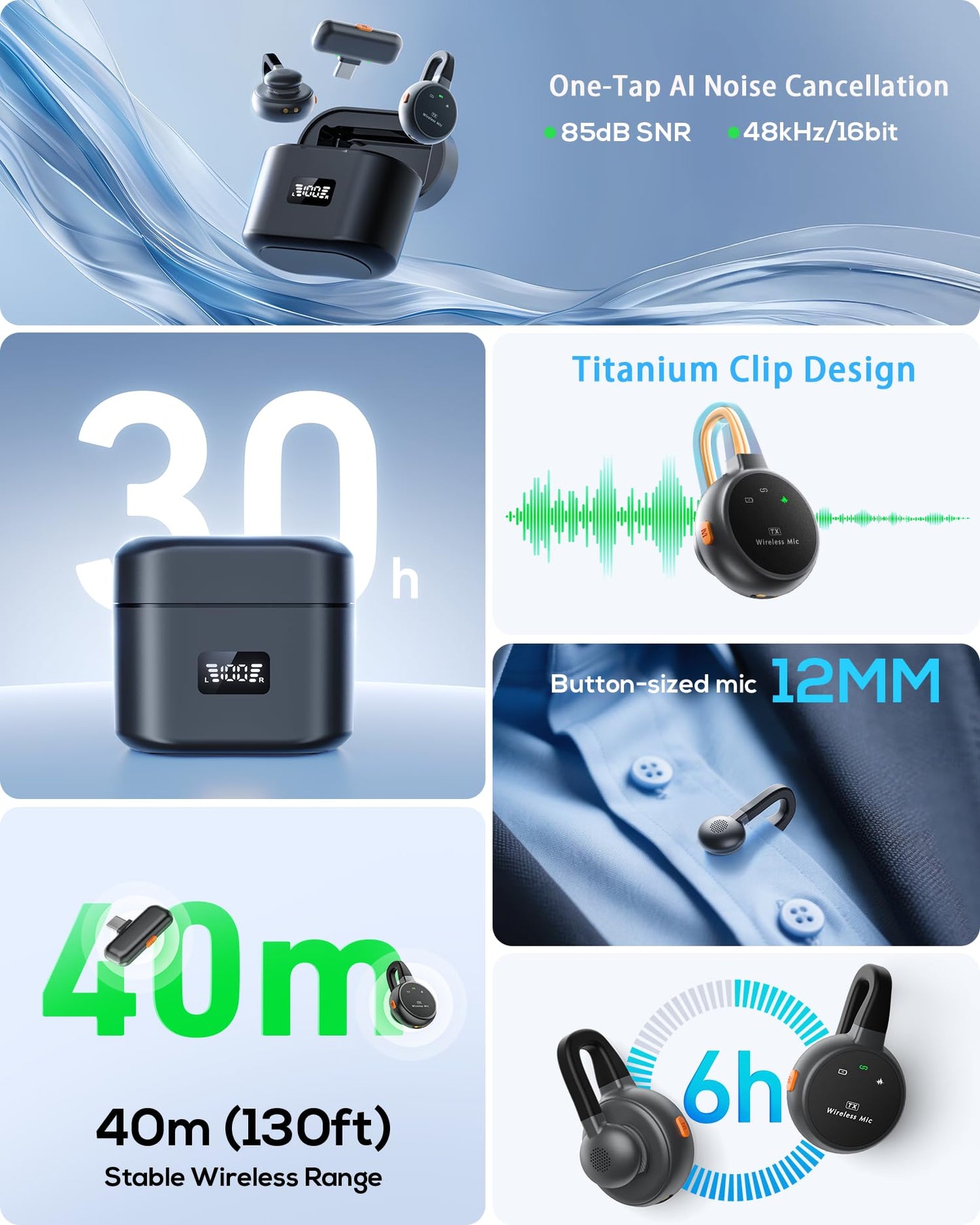 Wireless Lavalier Microphone for iPhone, iPad, Android - USB-C Plug Noise Cancelling Lapel Mini Mic with Charging Case, 30H Battery - Compact Clip-on