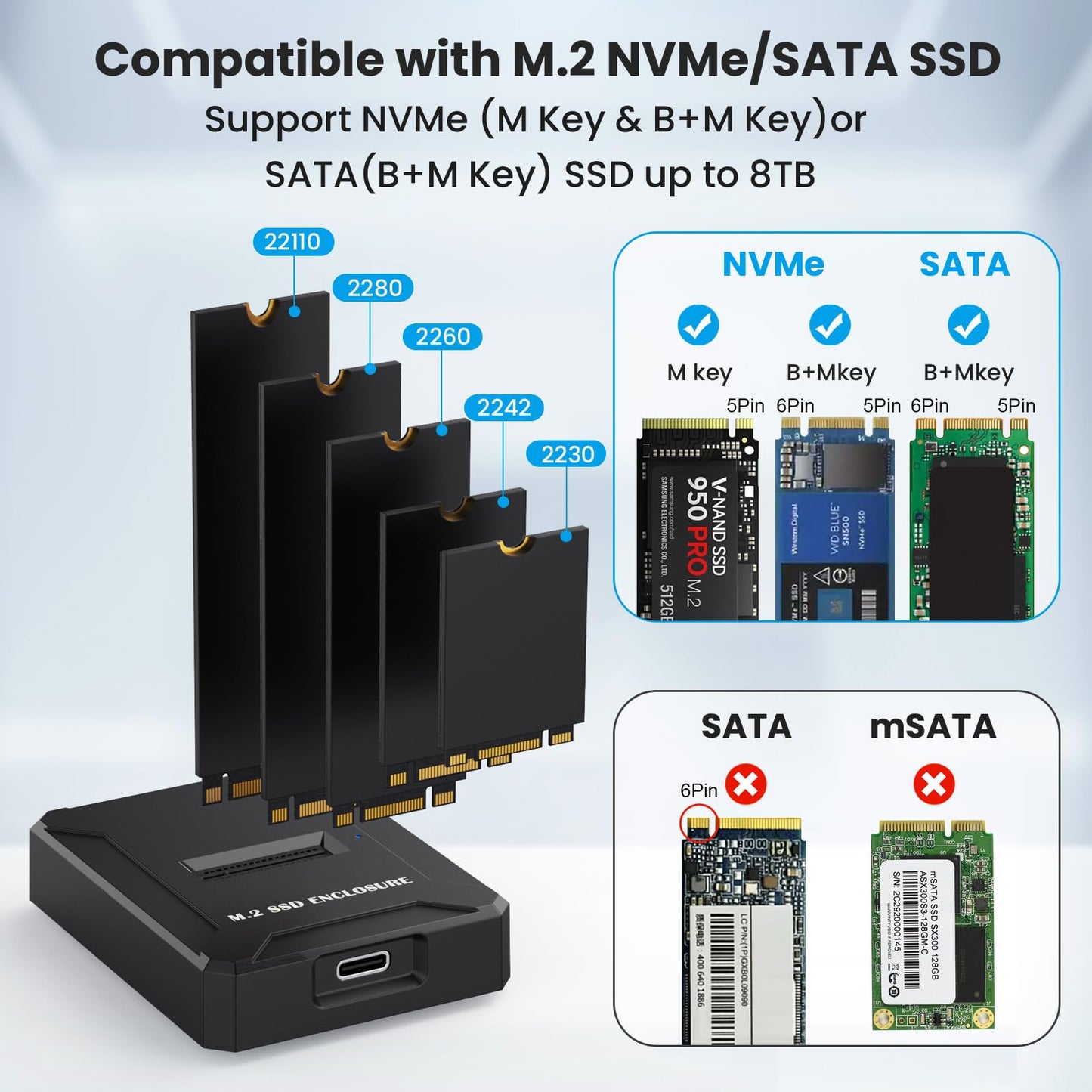 YiNVRE M.2 SATA & NVMe to USB Reader Adapter, Tool-Free NVMe Docking Station for M.2 PCIe NVMe and SATA NGFF SSD Reader, Size for 2280 2260 2242 2230