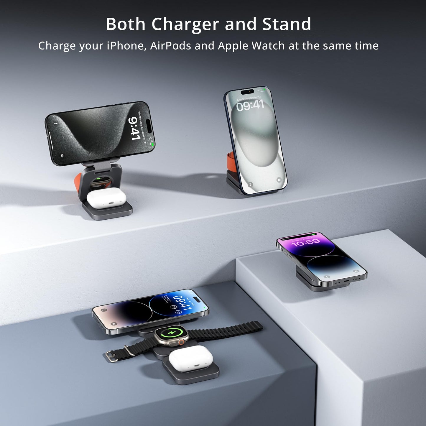 3-in-1 Wireless Charger Stand, LULULOOK 15W Magnetic Charger Wireless Fast Charging Station for iPhone 16/15/14 Series, Aluminum 5W Charger for Apple