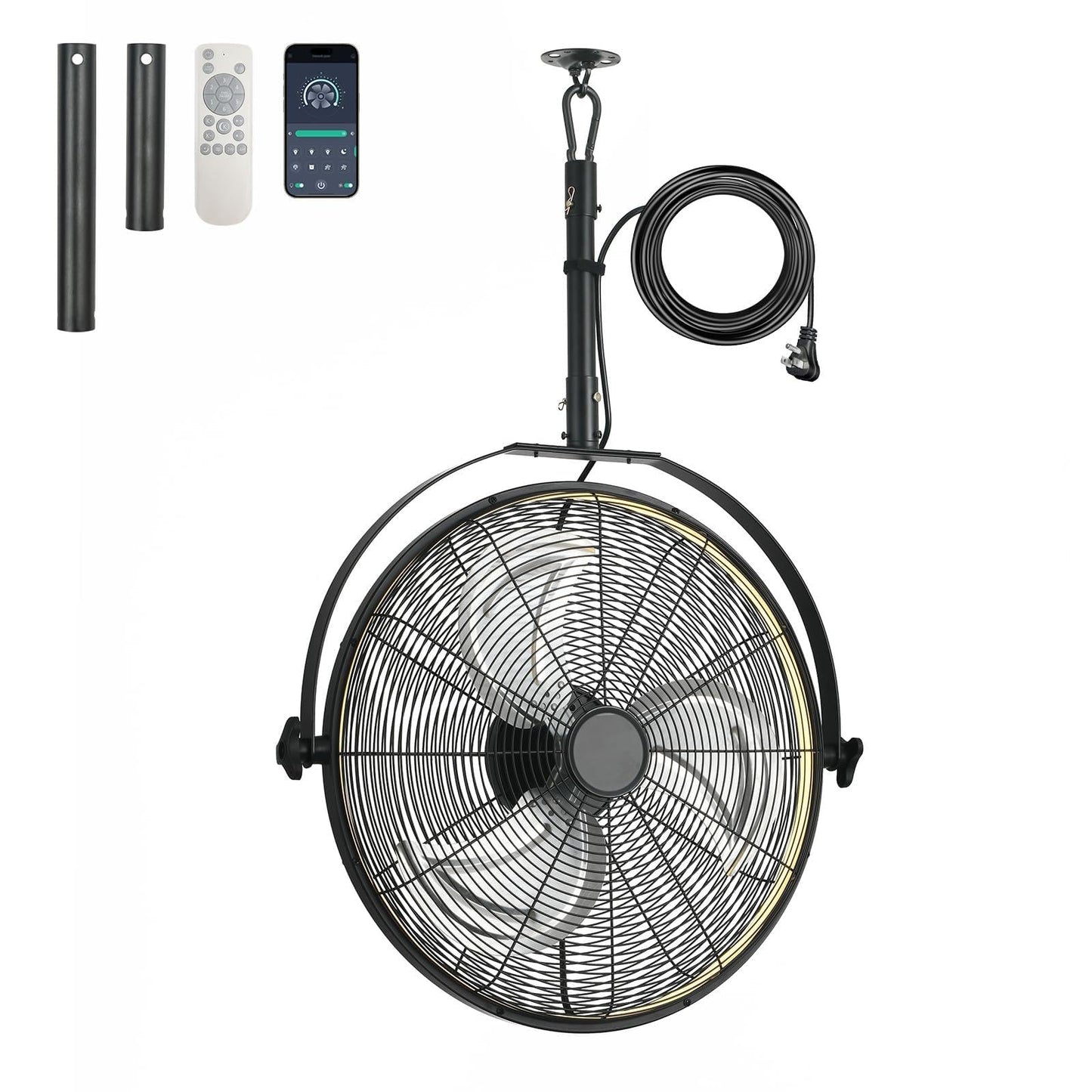 AHAWILL 22.8" Outdoor Hanging Ceiling Fan with Light - 360 Rotatable Fixed Angle,Plug-in,3CCT Dimmable,6 Speeds,Timer & Reversible,2-in-1