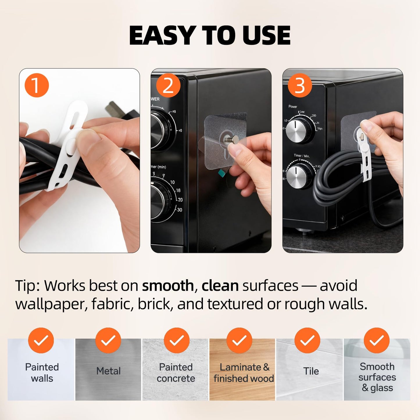 Hanging Cable Organizer System with Self Adhesive Hooks - Silicone Cord Ties for Kitchen Appliances, Power Tools, Computer Cords & Phone Chargers
