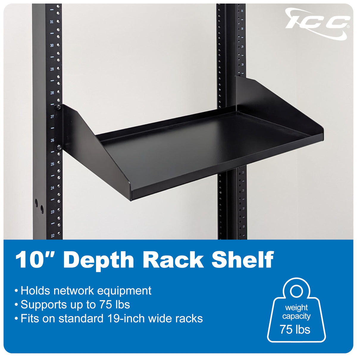 ICC 2U Solid Cantilever Rack Shelf, 10-Inch Deep, Black