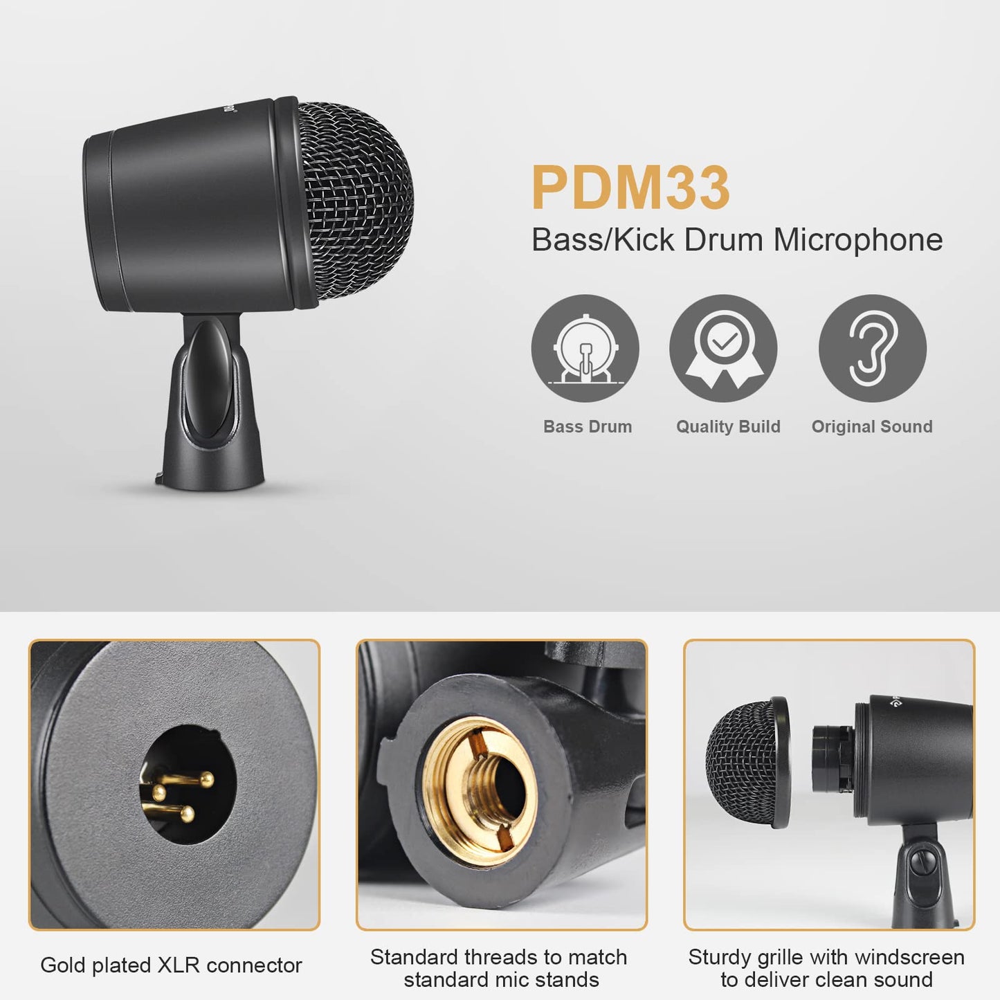 Phenyx Pro Drum Microphone Kit, 7-Piece Full Metal Wired Dynamic Mic Set for Bass/Tom/Snare/Hi-hat Cymbals, with Carrying Case, Holders, and Threaded