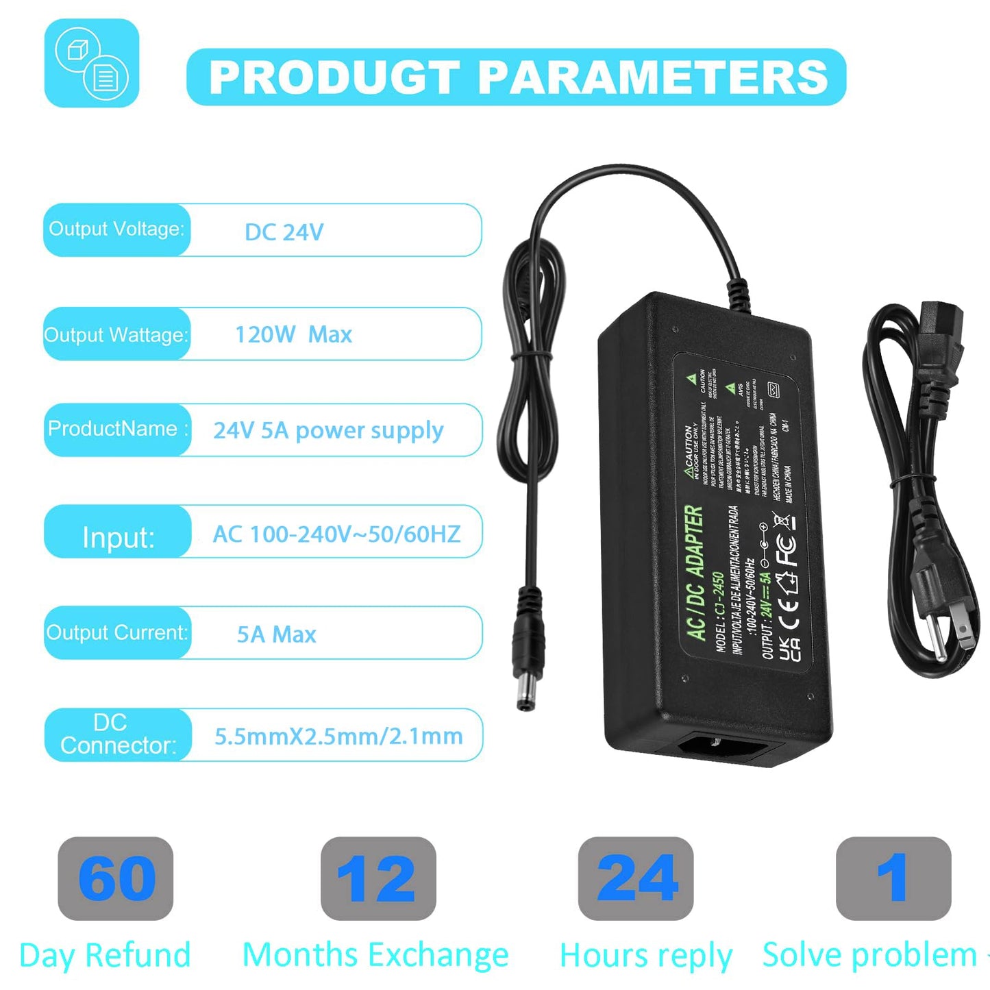 Power Supply 24V 5A,AC 100-240V to DC 24V 120W Converter Adapter Driver Transformer with 5.5mm x 2.5mm/2.1mm Jack, US Plug for Led Strips,LCD…