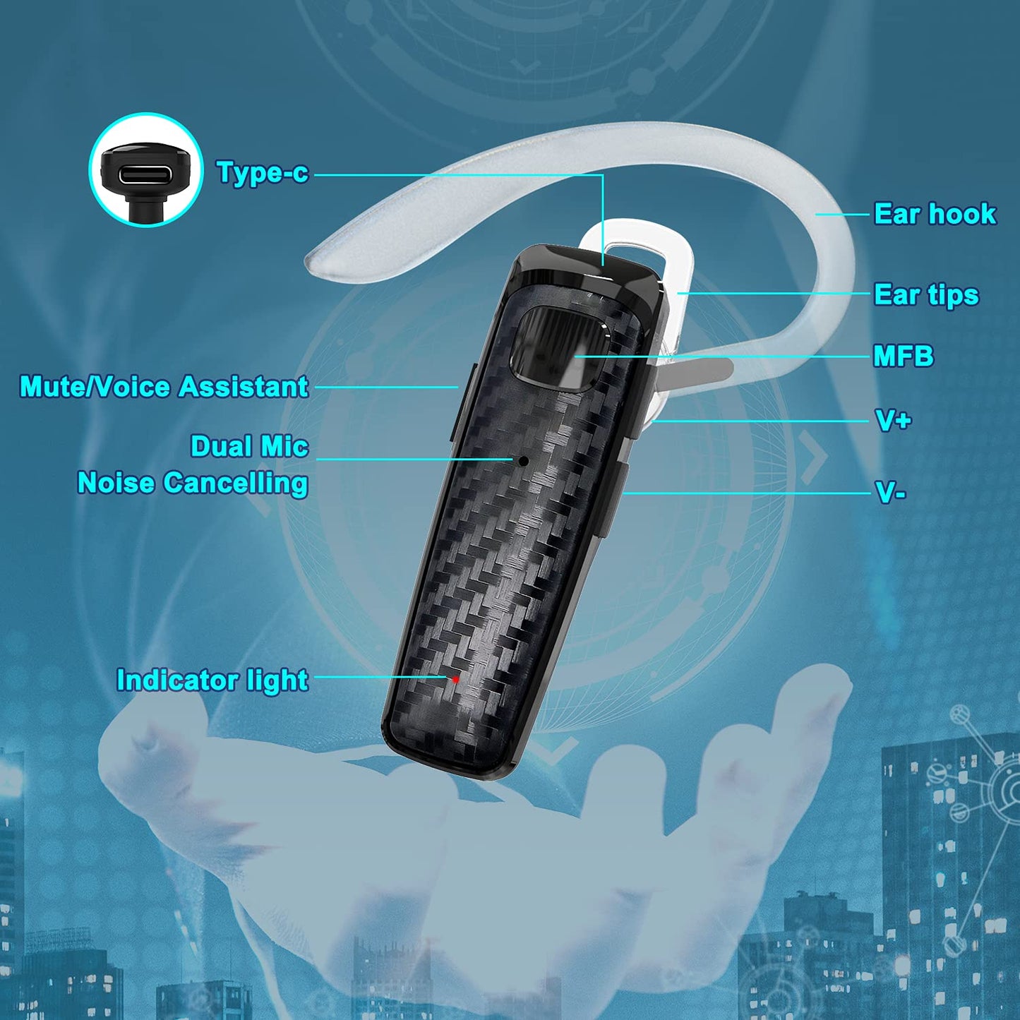 LEKOYE Bluetooth Headset, CVC8.0 Handsfree Bluetooth Earpiece, 16 Hrs Talk Time Noise Cancelling Single Ear Wireless Headset for Office Driving