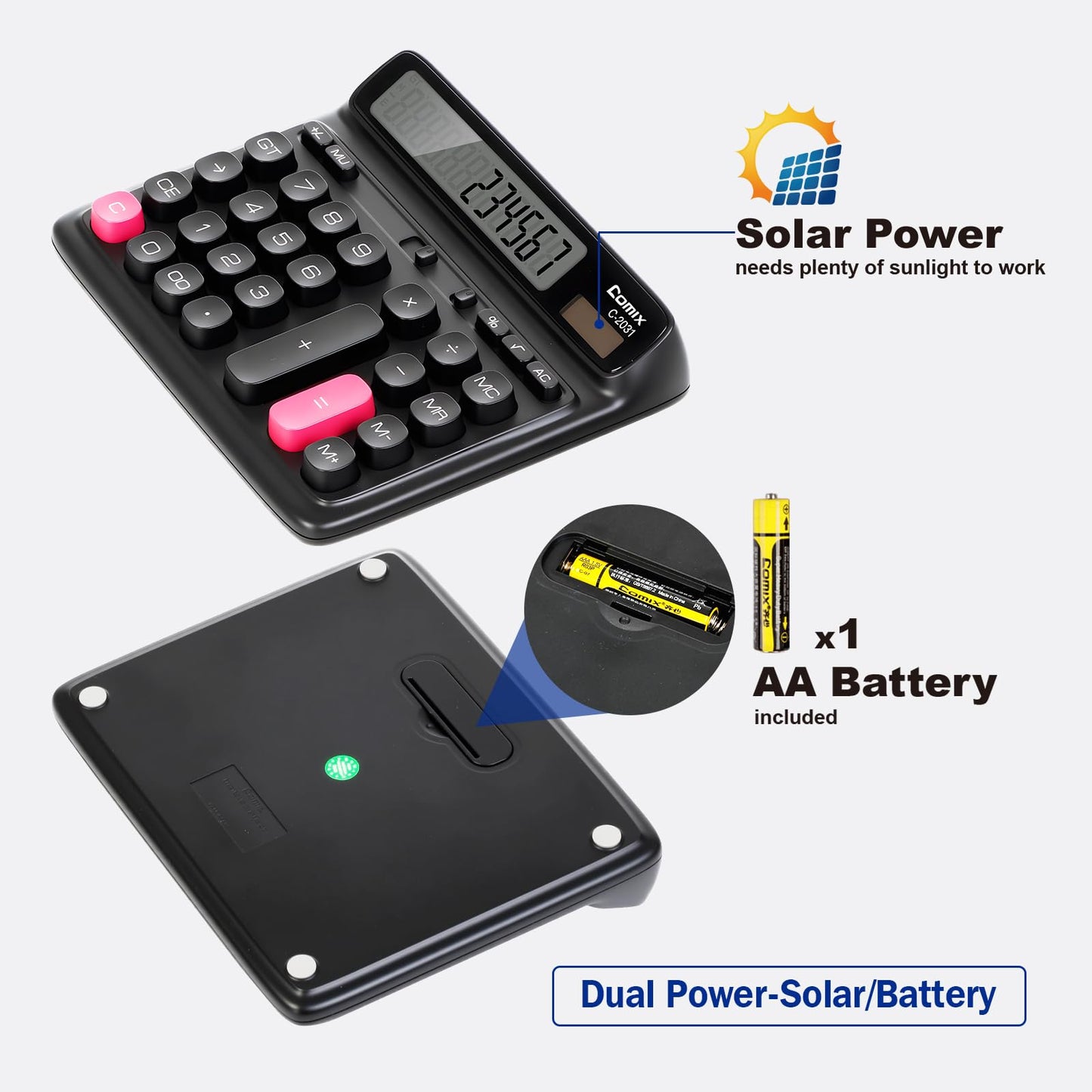 Comix Desk Calculator with 12 Digits Large LCD Display, Solar Battery Dual Power, Large Computer Keys Basic Calculator for Home Office School