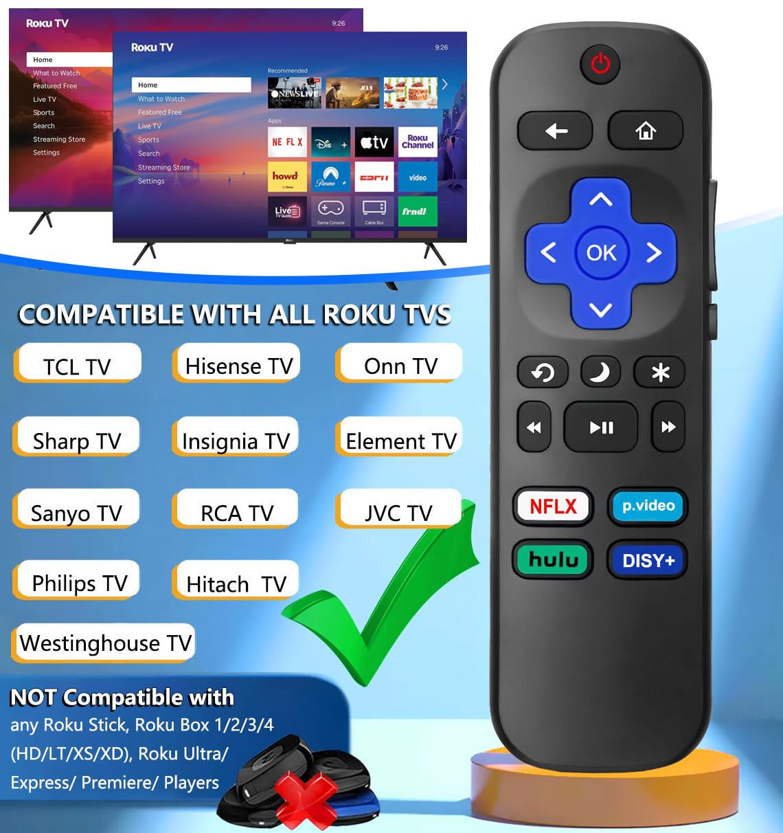 2PCS Upgrade Replacement Remote Control for All Roku TV, for TCL TV/Hisense/Onn/Sharp/Element/Philips/Insignia/Jvc/RCA Roku Smart TVs (Not for Roku