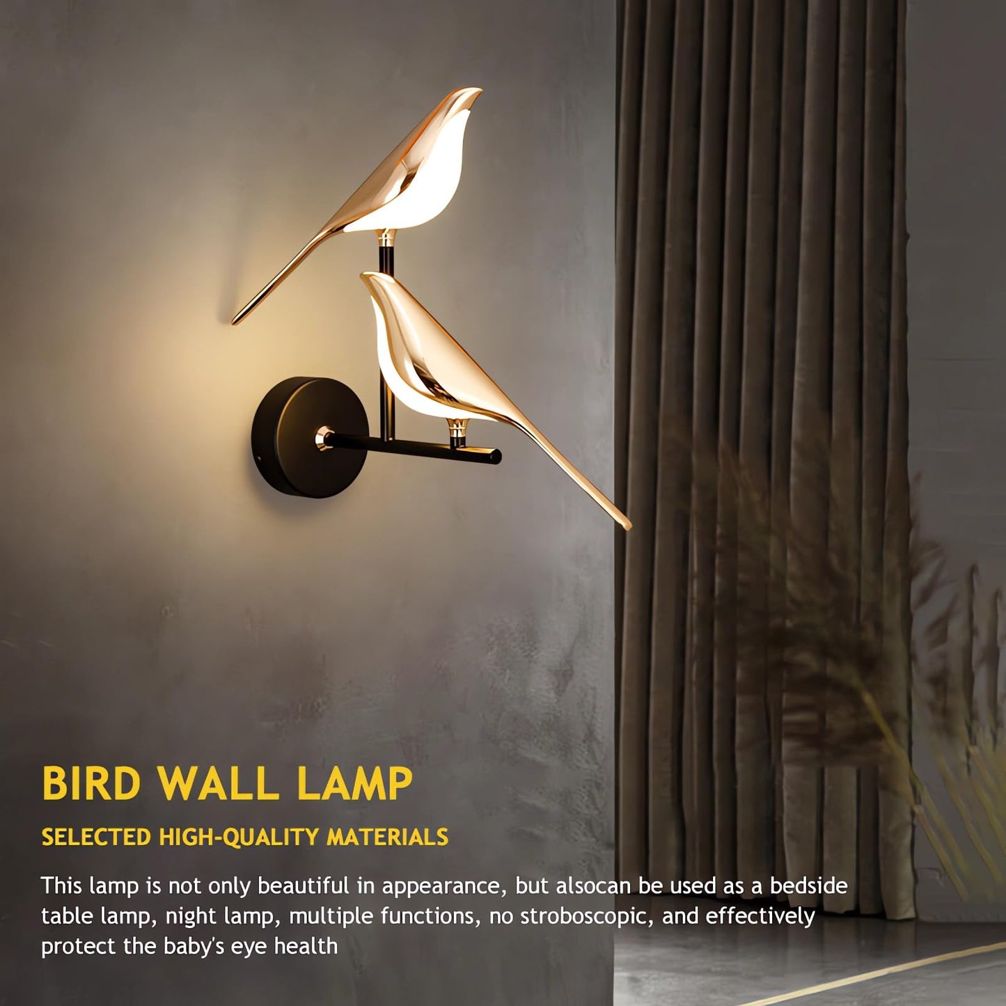 Modern Birds Wall Lamp Gold Wall Sconces Creative Bird Shap Metal Lamp Body with Acrylic Lampshade with Adjustable Angle Bedside Night Light