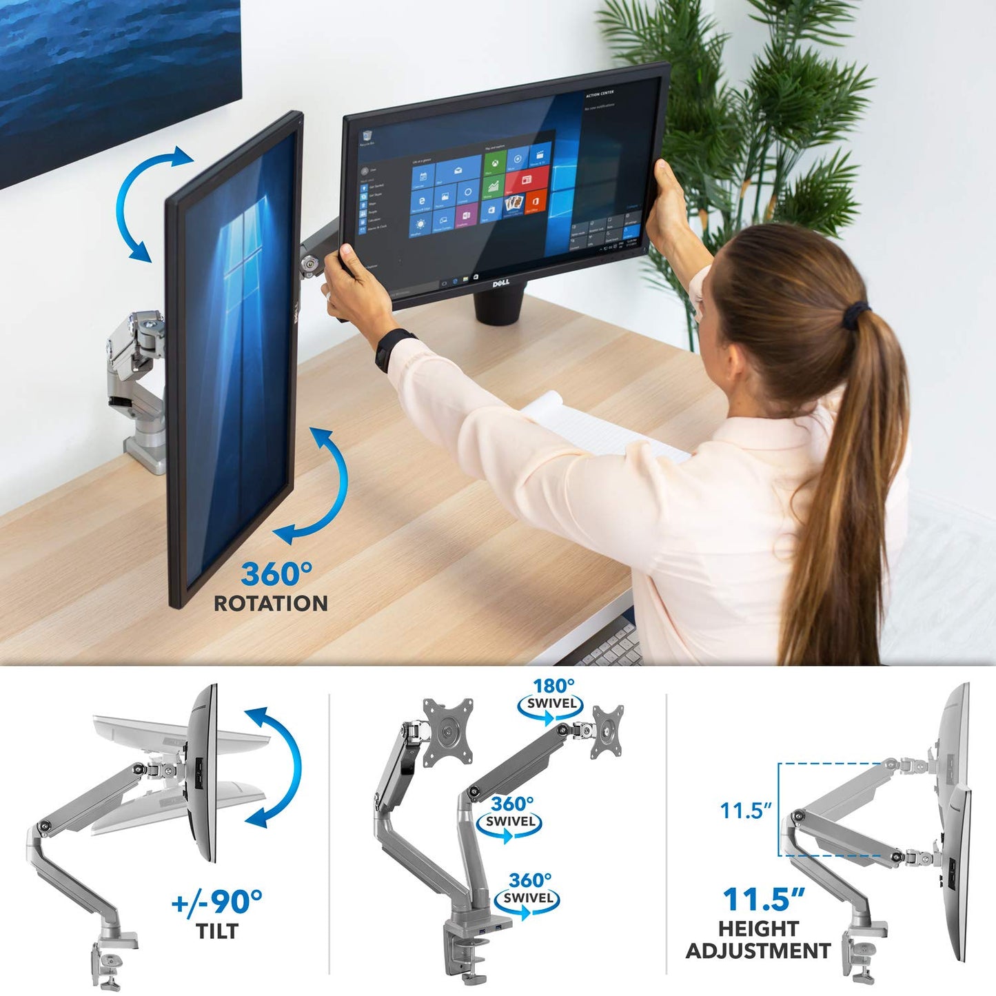 Mount-It! Dual Monitor Desk Mount with USB 3.0 Ports, Full Motion Dual Monitor Stand for 2 Screens up to 32 Inches, VESA 75x75 & 100x100, Clamp or