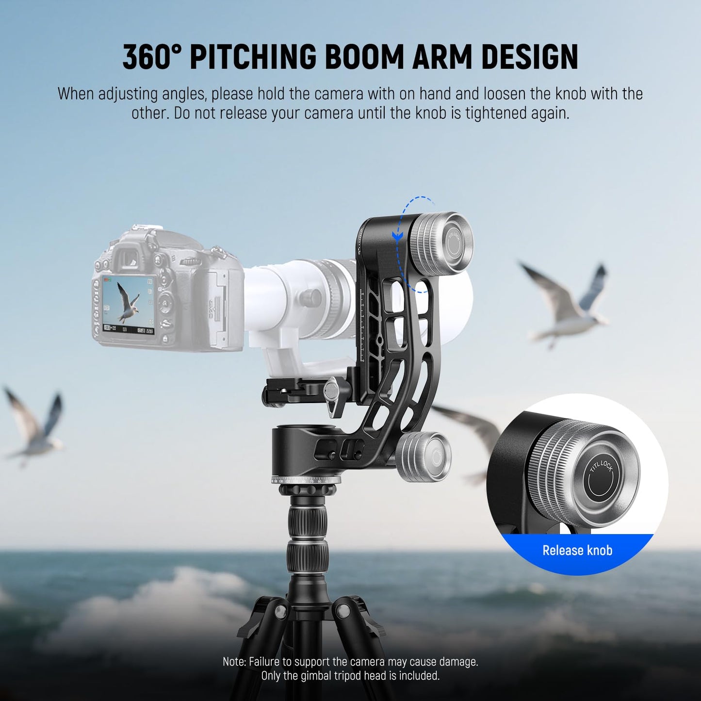 NEEWER GM102 Gimbal Head for Tripod Monopod Telephoto Lenses, 360° Panoramic Camera Tripod Head, 3 Axis Adjustment, Heavy Duty CNC Aluminum Alloy
