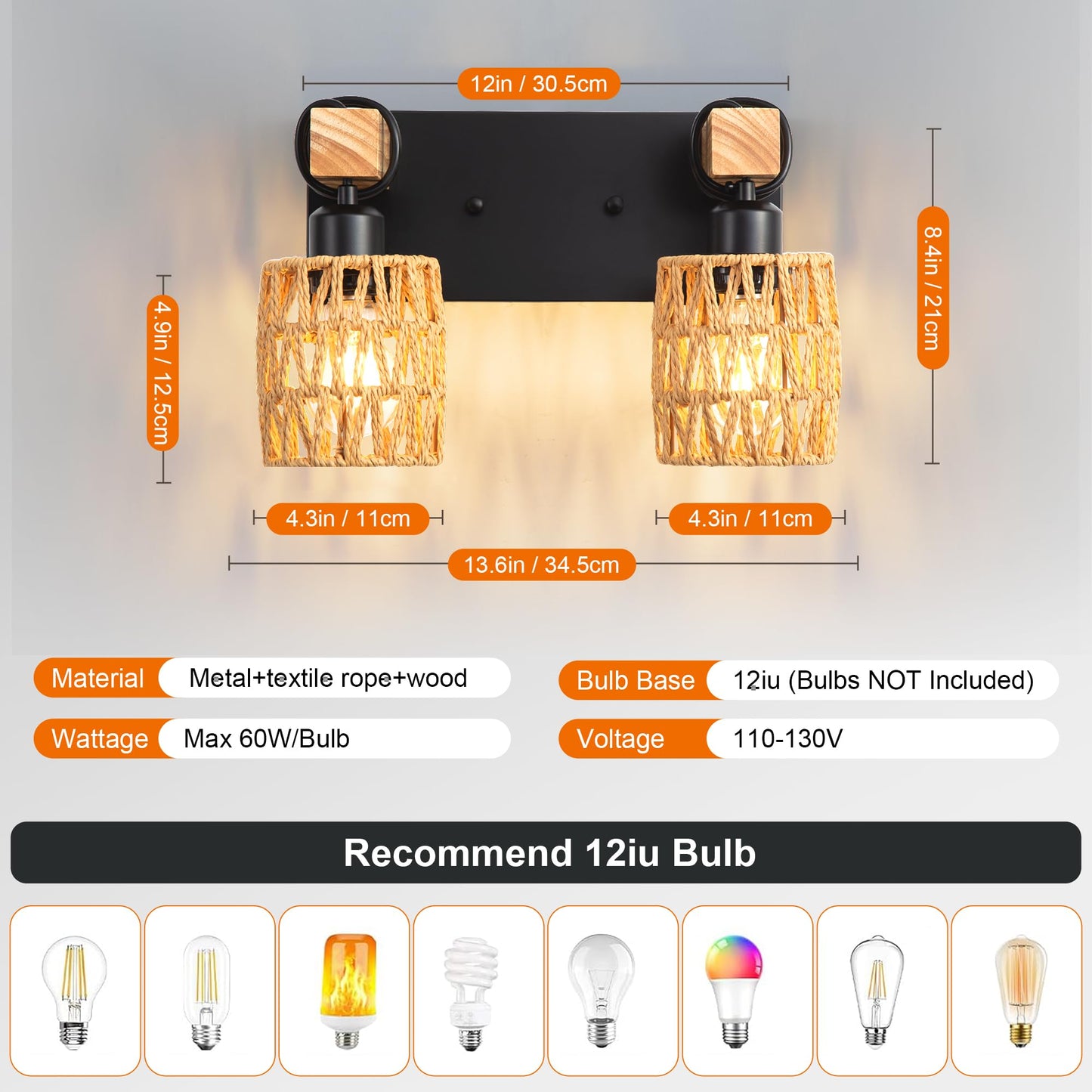 2-Light Boho Bathroom Vanity Light Fixture, Handwoven Rattan Wall Sconce with Solid Wood Arm, Farmhouse Wicker Bathroom Lighting Over Mirror, E26 Wall