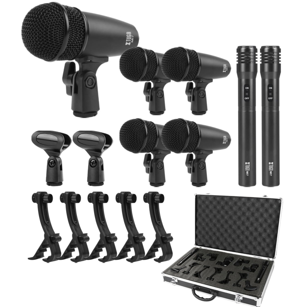 XTUGA 7-Piece Drum Microphone Kit,Wired Dynamic Drum Mic Kit - Metal Kick Bass Drum,Tom/Snare & Cymbals Microphone with Thread Clip-On for Stage