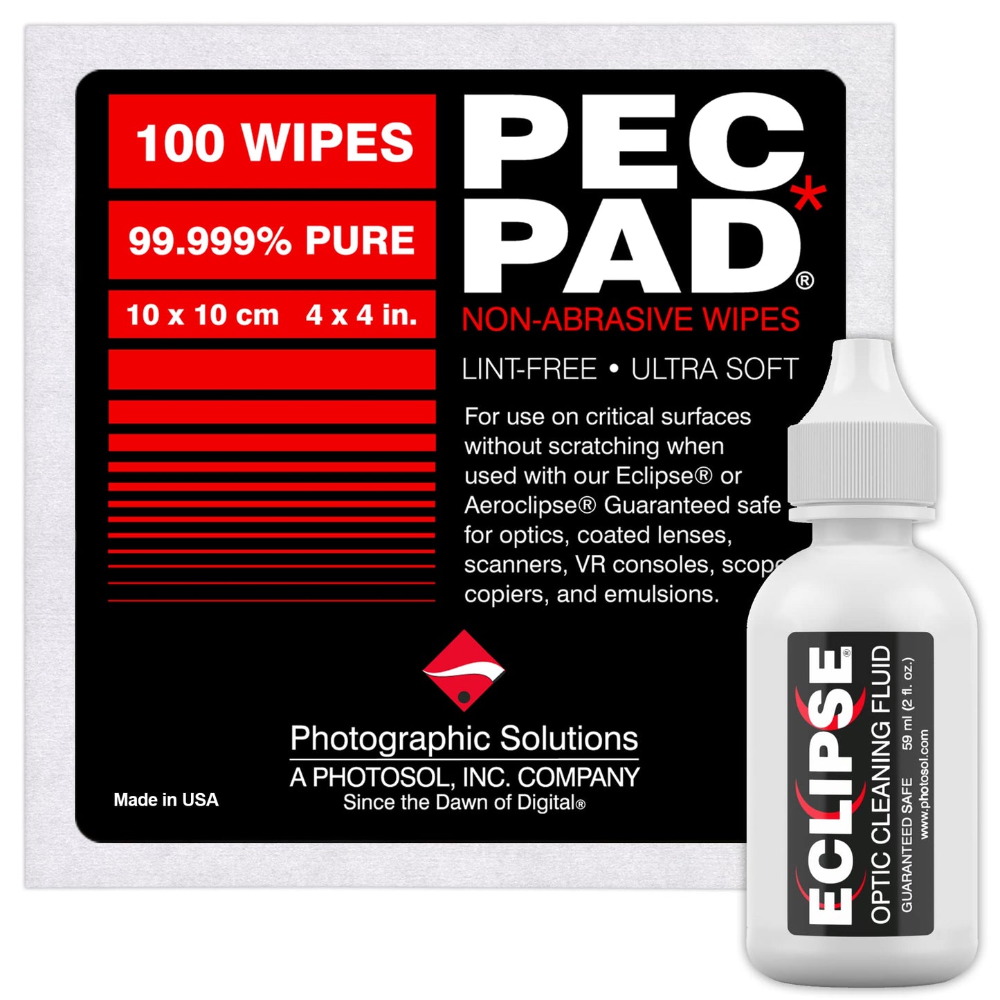PEC-PAD Lint Free Wipes and Eclipse Optic Cleaning Solution - Non-Abrasive 4" x 4" Lens Wipes for Phone, Camera, Computer, and All Sensitive Glass
