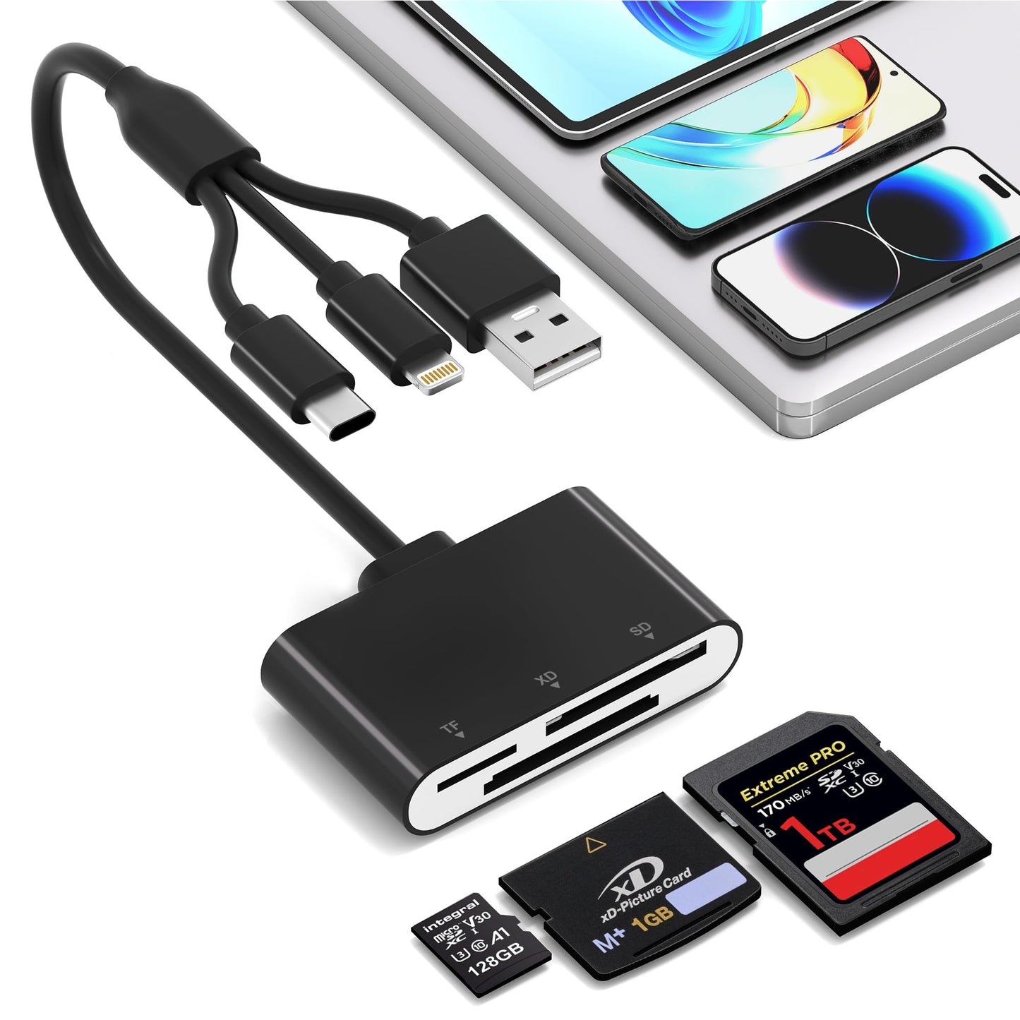 SD Card Reader for iPhone with USB-C & Lightning - 3-in-1 SD MicroSD xD-Picture Cards Memory Card Reader Adapter for iPhone 17/16/15/14, iPad