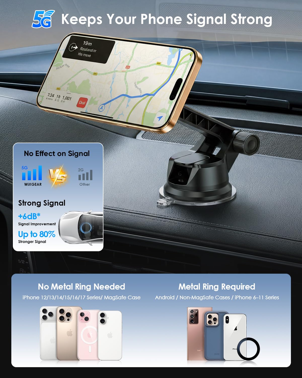 WixGear for MagSafe Car Mount - 78+LBs Dashboard Phone Holder - Dashboard Long Handle Adjustable Magnetic Cell Stand for iPhone 17 16 15 14 13 12 Pro