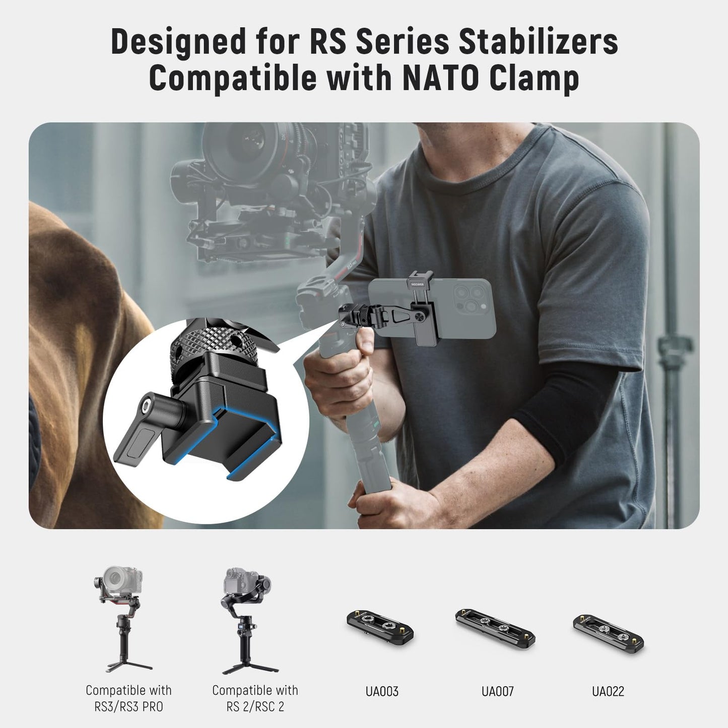 NEEWER Metal Phone Tripod Mount with Cold Shoe NATO Clamp Compatible with DJI RS5 RS4 RS3 Pro RS2 RSC2 Gimbal Stabilizer, 180° Tilt Phone Clip Holder