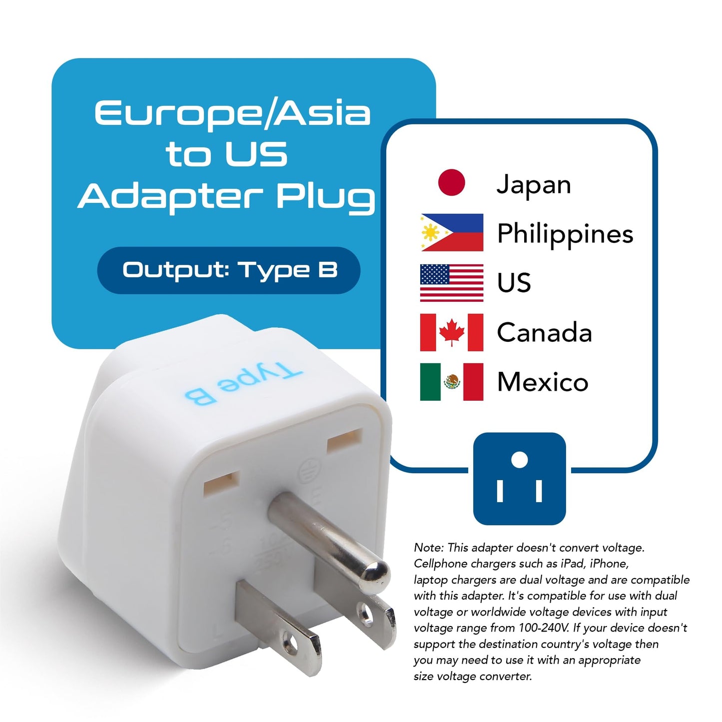 Ceptics Europe to US plug adapter, Type B USA Plug adapter compatible with plugs from Europe, India, and other countries - India to USA plug adapter…