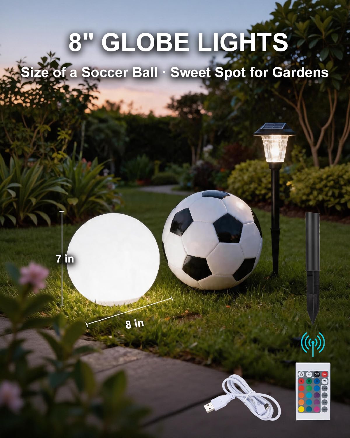 shumi 8-inch Solar Globe Lights Outdoor Waterproof, LED Solar Ball Light Outdoor 16 RGB Colors 4 Modes with Remote Control, Solar Shpere Lamp Orb