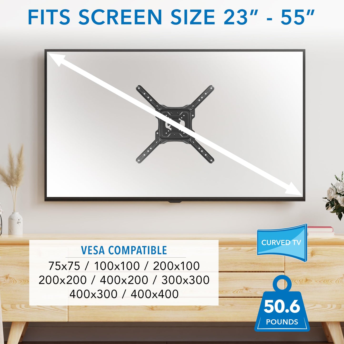 Mount-It! Height Adjustable TV Wall Mount - Full Motion, Pull Down and Vertical Adjustment, Fits 23-55 Inch Screens, Max VESA 400x400mm, Swivel