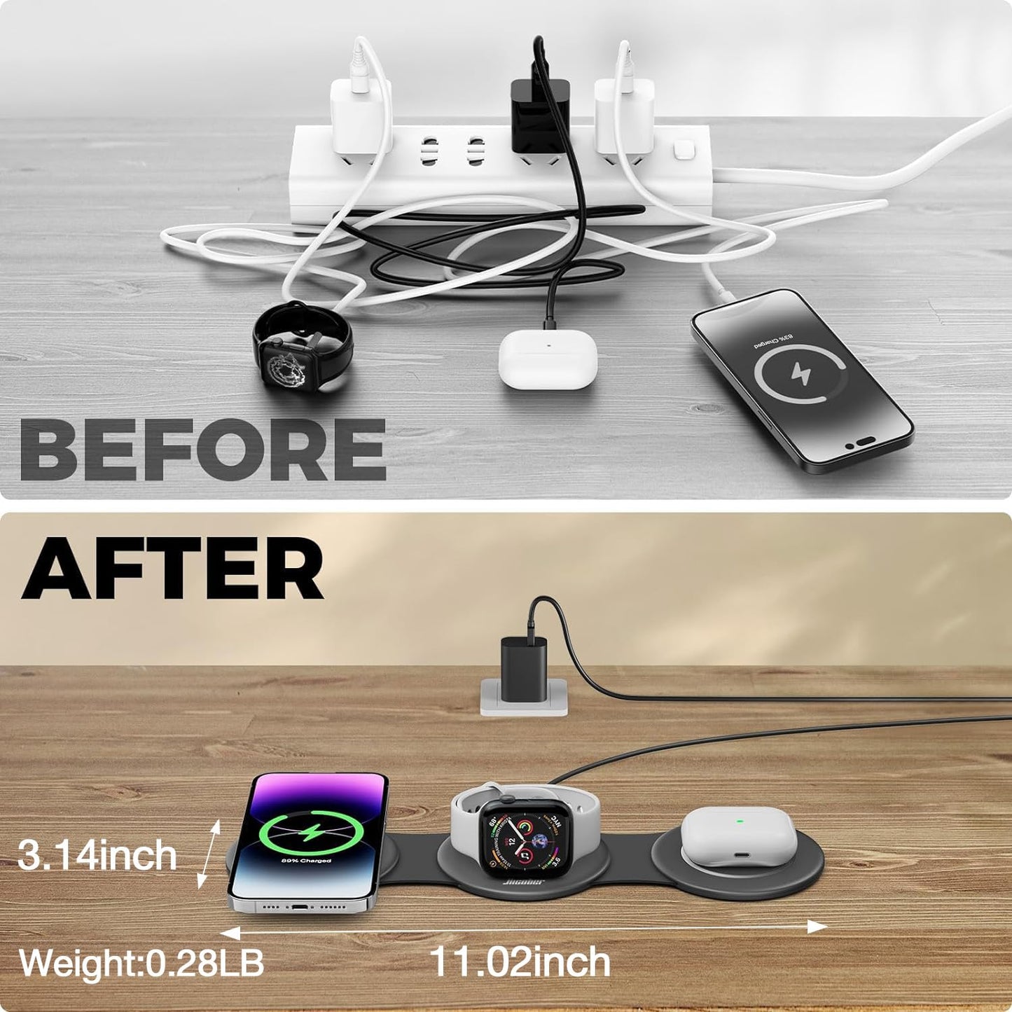 HICOBER 3 in 1 Charging Station for Multiple Apple Devices, Compatible with iPhone 17/16/15/14/13, Apple Watch & AirPods, Foldable Fast Wireless