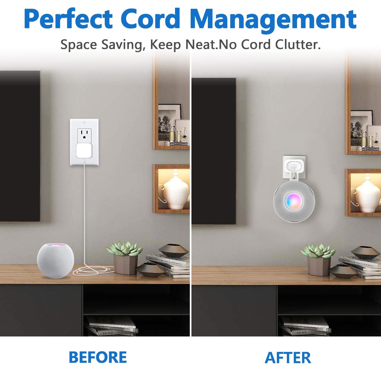 CUHIOY Wall Mount for HomePod Mini, Built-in Cord Management Speaker Stand for Outlet Home Pod, Space-Saving Smart Plug Holder for Homepod, Safe