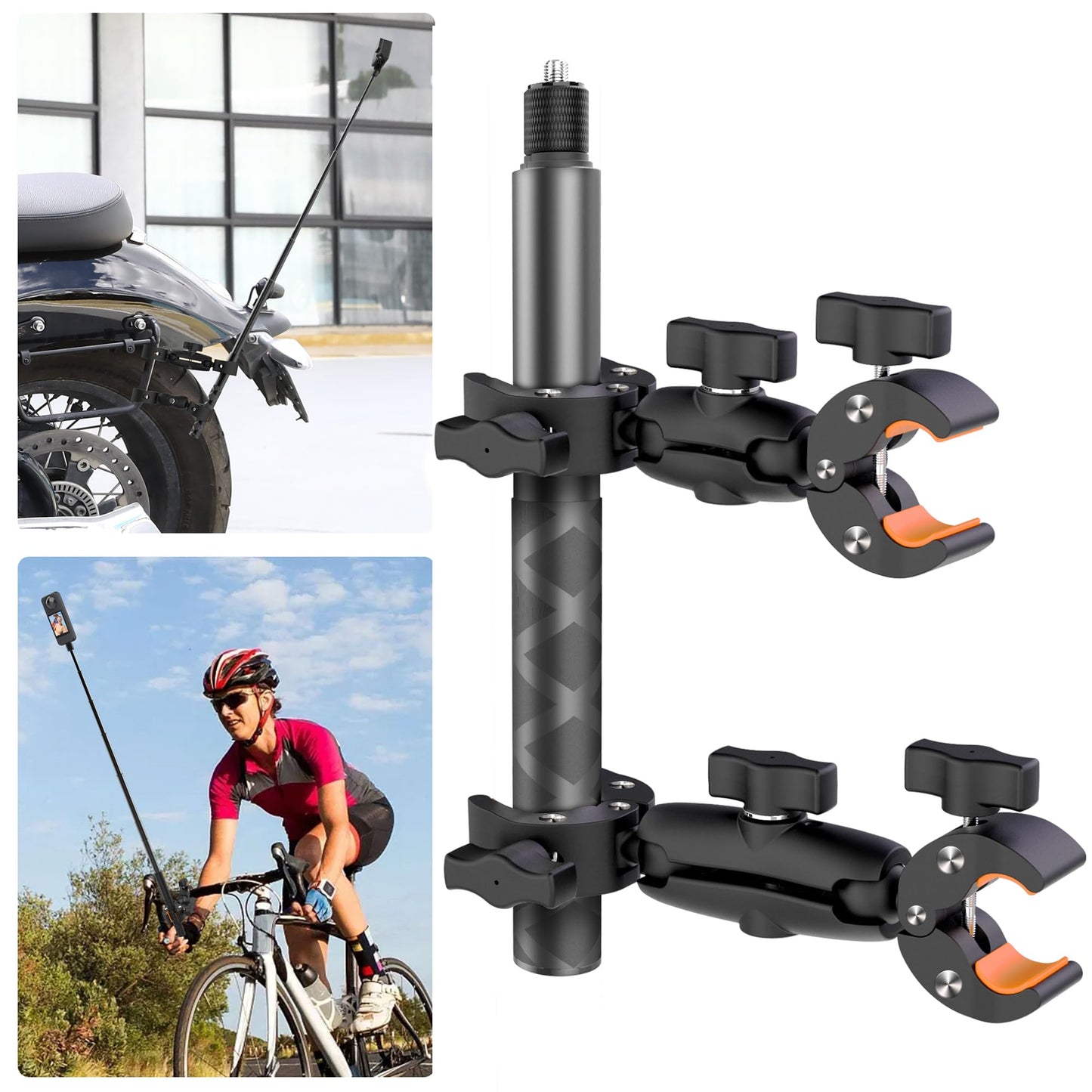 Motorcycle Bike Handlebar Mount for Insta360, DJI OSMO 360 Camera, Double Clamp with Selfie Stick for Insta360 X5 X4 X3, Perfect for Cycling Videos