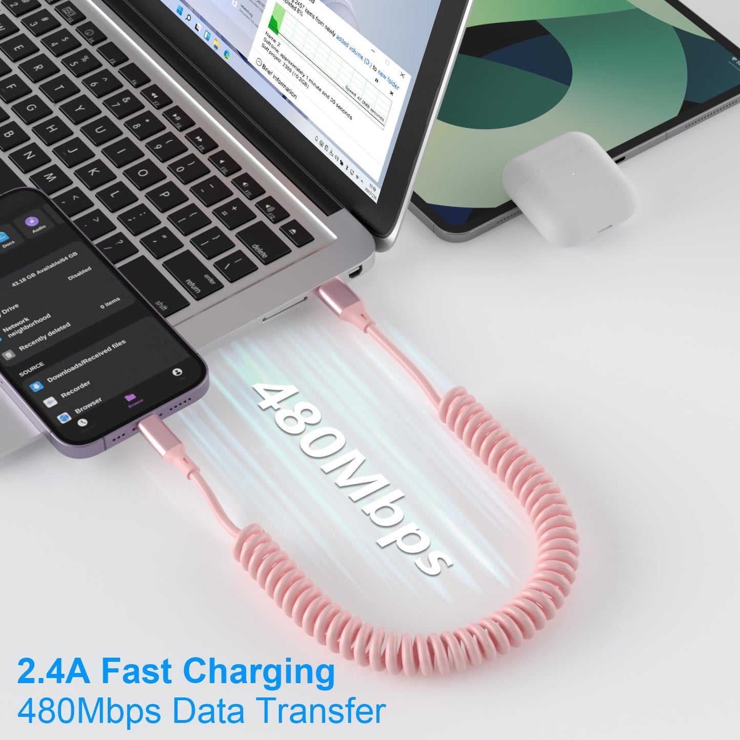 Coiled iPhone Lightning Cable Apple Carplay Cord, MFi Certified 6FT USB to Lightning Car Charger Cable Pink Short Curly with Data Sync, for iPhone 14…