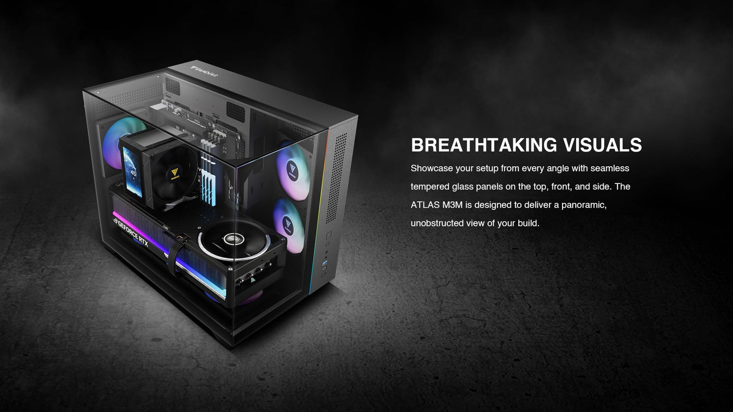 GAMDIAS Gaming Case Atlas M3M Three-Sided Tempered Glass, Built-in 3X 120mm ARGB PWM Case Fans, 400mm GPU/VGA, 360mm AIO/Radiator