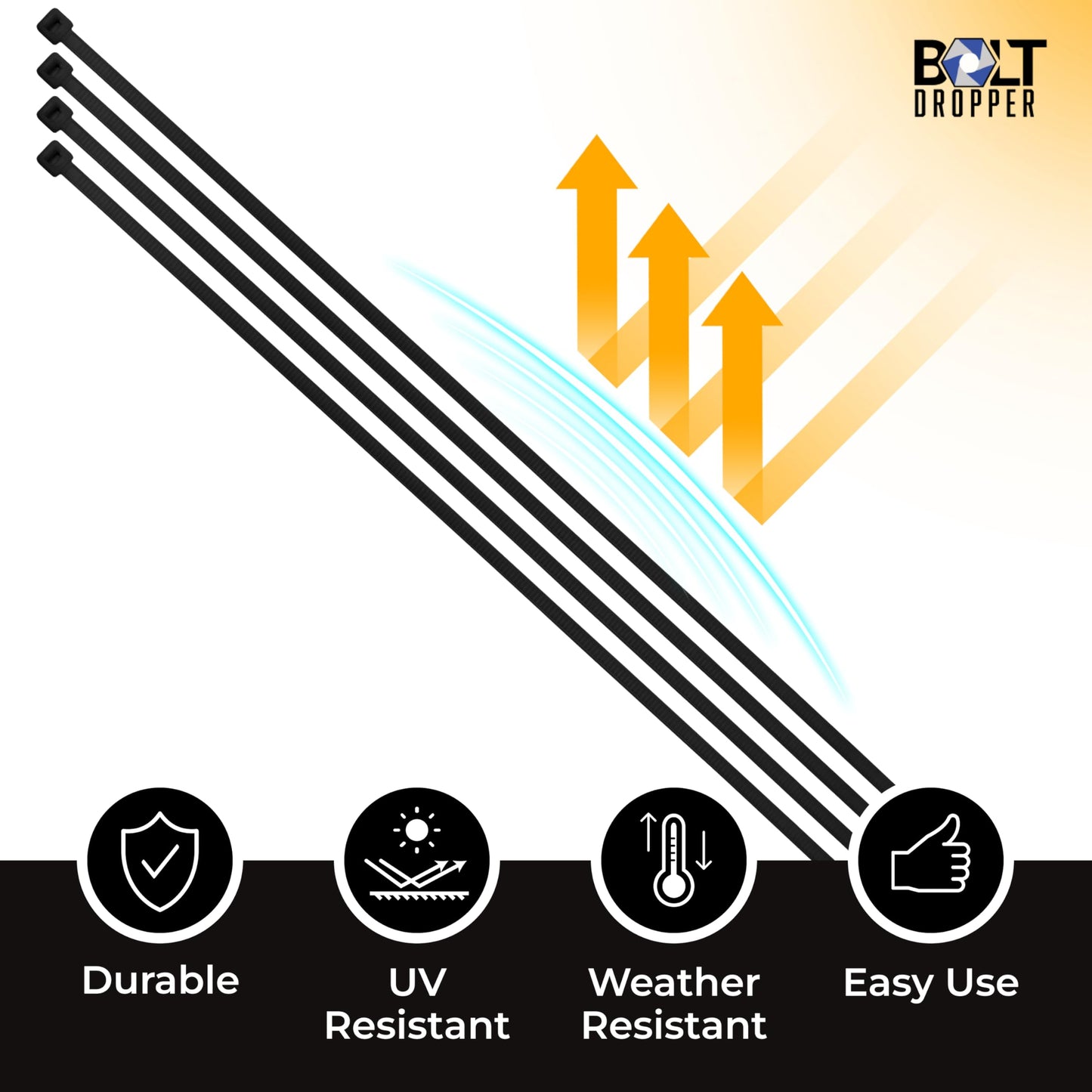Bolt Dropper 11" Black Cable Ties, 1000 Pack, 50 lbs Tensile Strength - Heavy Duty Zip Ties, Self-Locking Premium Nylon Tie Wraps for Indoor