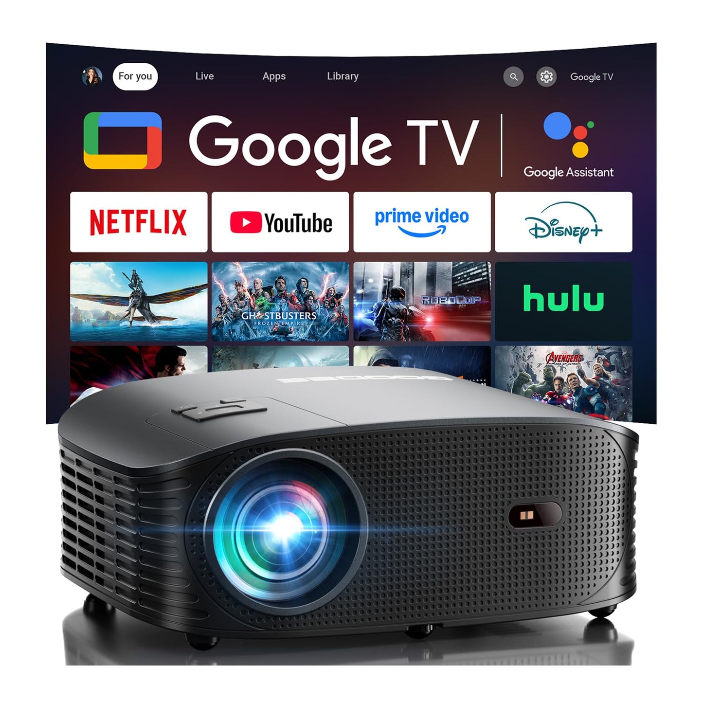 GOODEE Official Licensed Google TV 4K Mini Smart Projector with WiFi and Bluetooth - Compatible with Netflix/YouTube/Prime Video, Dolby Audio, Auto
