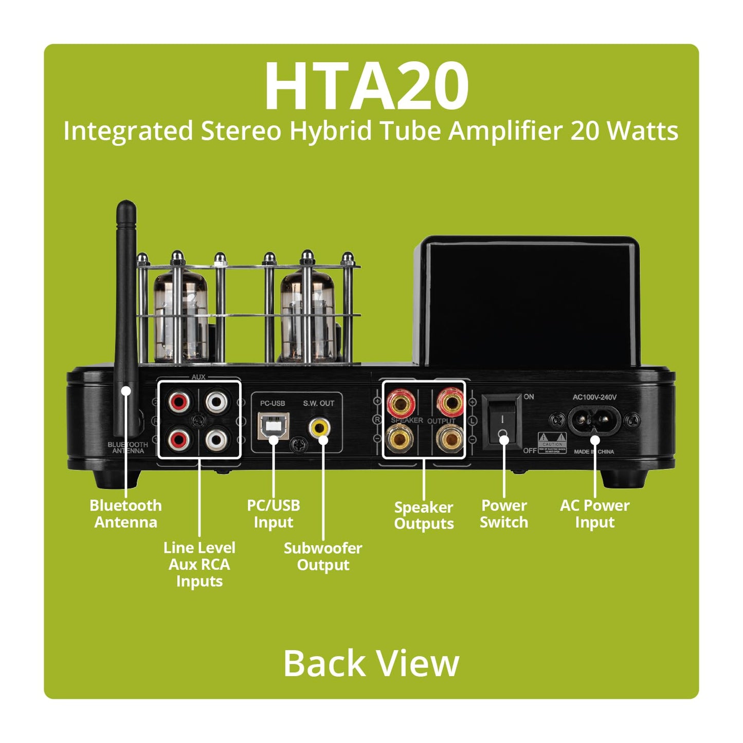 Dayton Audio HTA20 Integrated Stereo Hybrid Hi-Fi Vacuum Tube Class A/B Amplifier 20 Watts RMS with Subwoofer Output, Headphone Output, Bluetooth 5.0