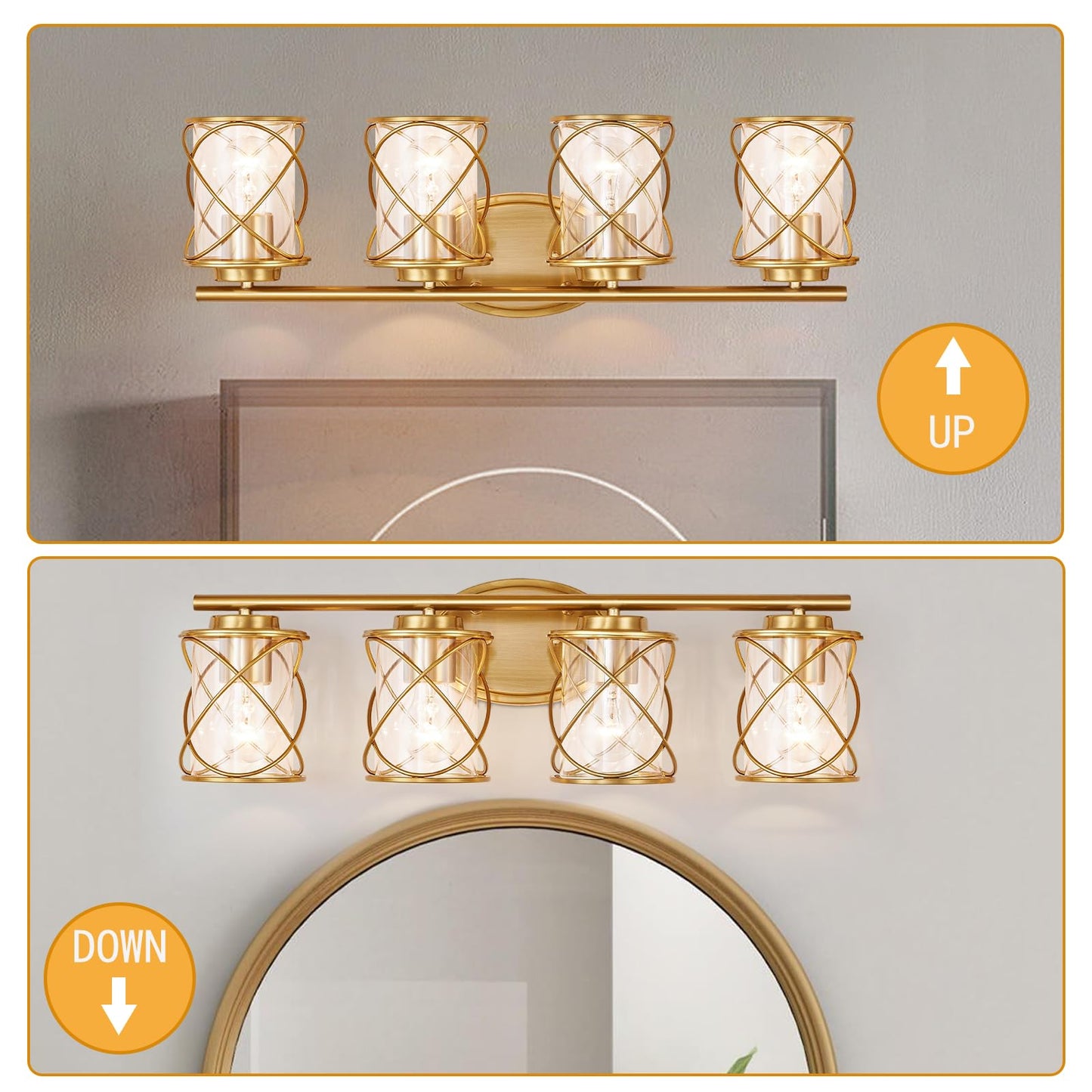 4-Lights Bathroom Light Fixtures, Brushed Gold Modern Vanity Light Over Mirror, Bathroom Wall Lamp for Mirror Kitchen Living Room Hallway Porch