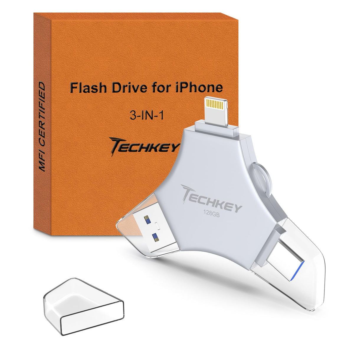 MFi Certified USB 3.0 Flash Drive 128GB for iPhone, 3in1 External Memory Photo Keeper Storage Stick for Picture/Video/Data Saver/Backup, High Speed