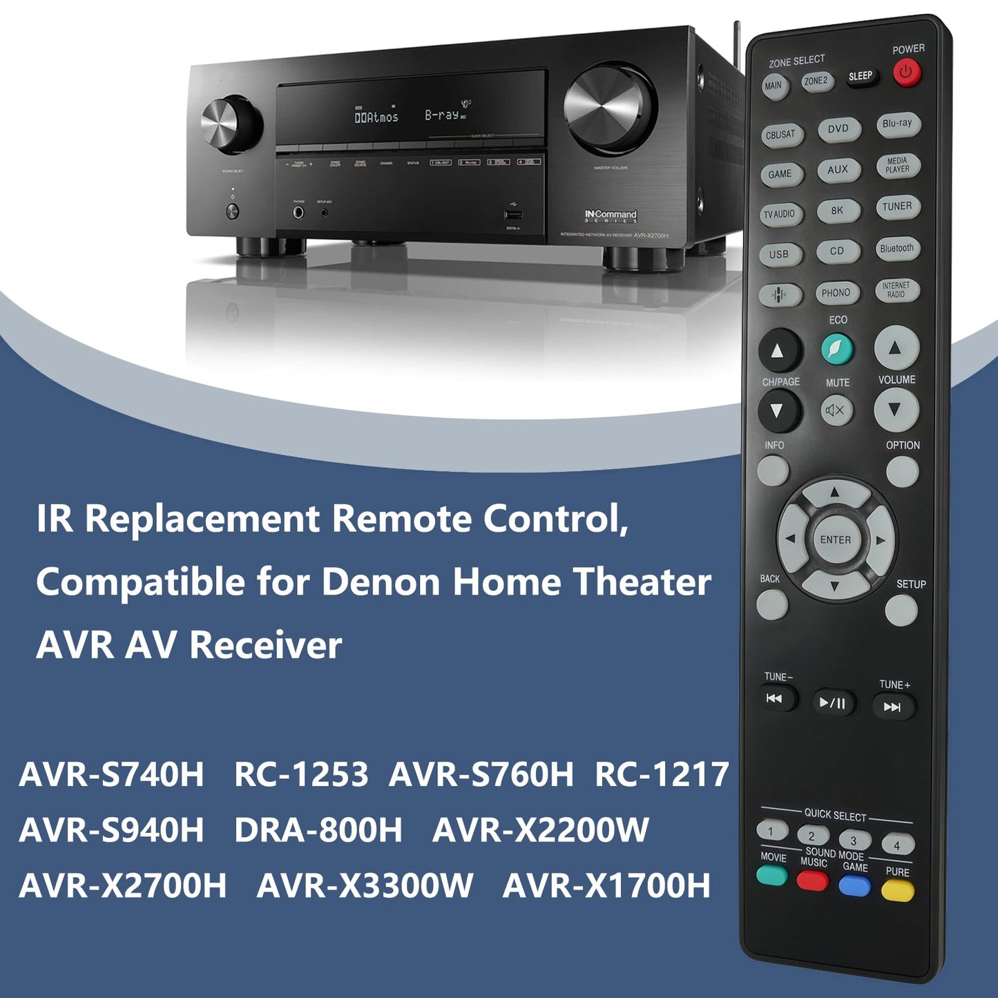IR Replacement Remote Control for Denon AVR-S740H RC-1253 AVR-S760H RC-1217 AVR-S940H DRA-800H AVR-X2200W AVR-X2700H AVR-X3300W AVR-X1700H Home